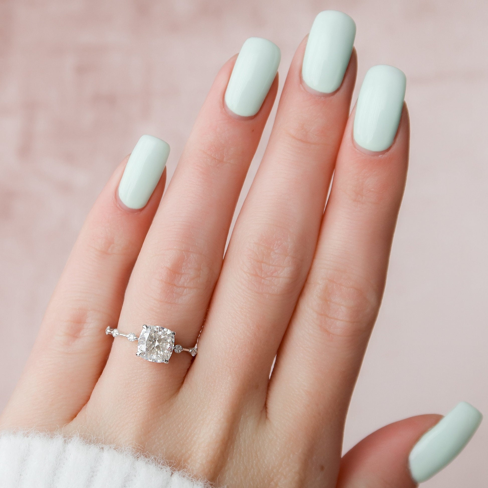 2 CT Cushion Hidden Halo & Dainty Pave Moissanite Engagement Ring