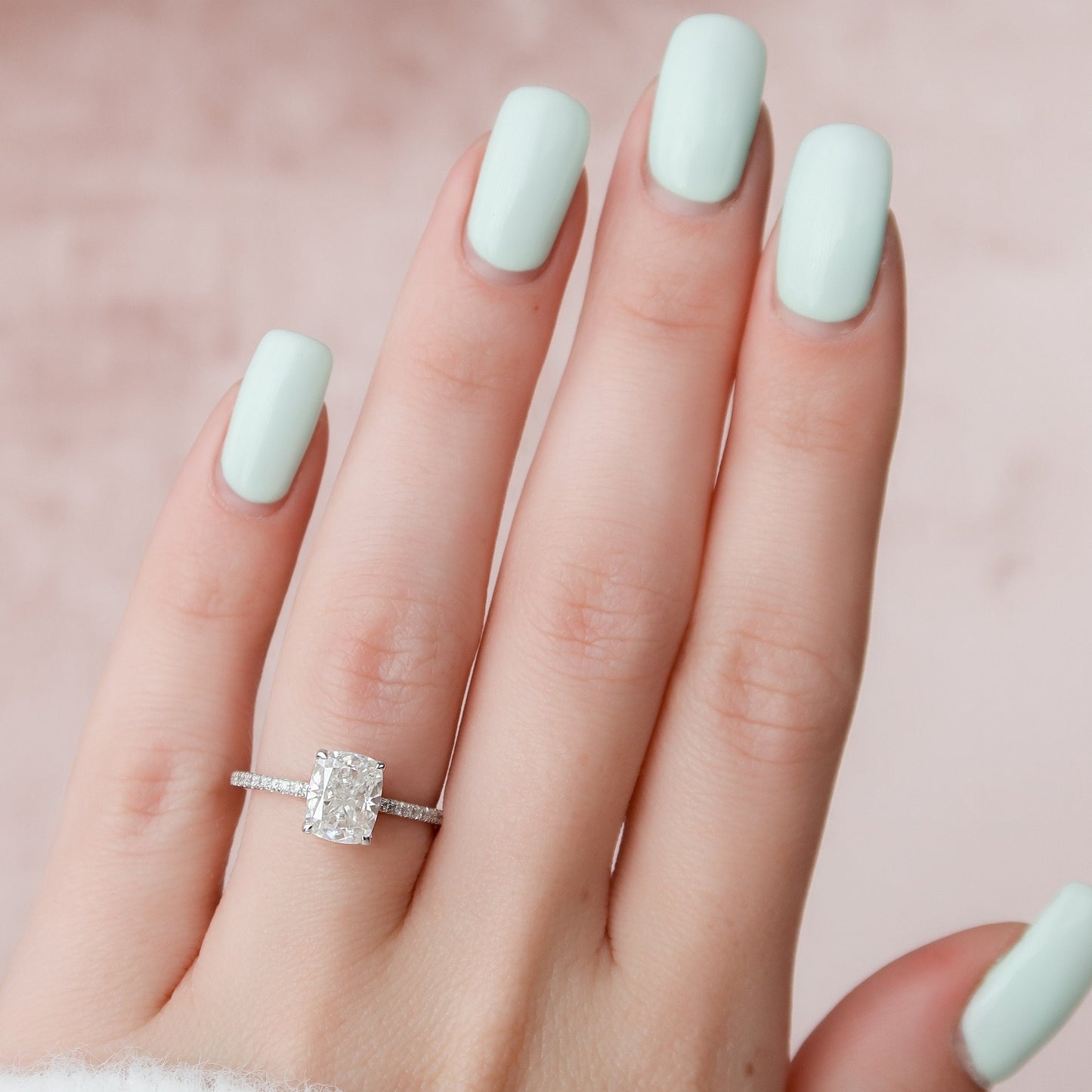 2 CT Elongated Cushion Hidden Halo & Pave Moissanite Engagement Ring