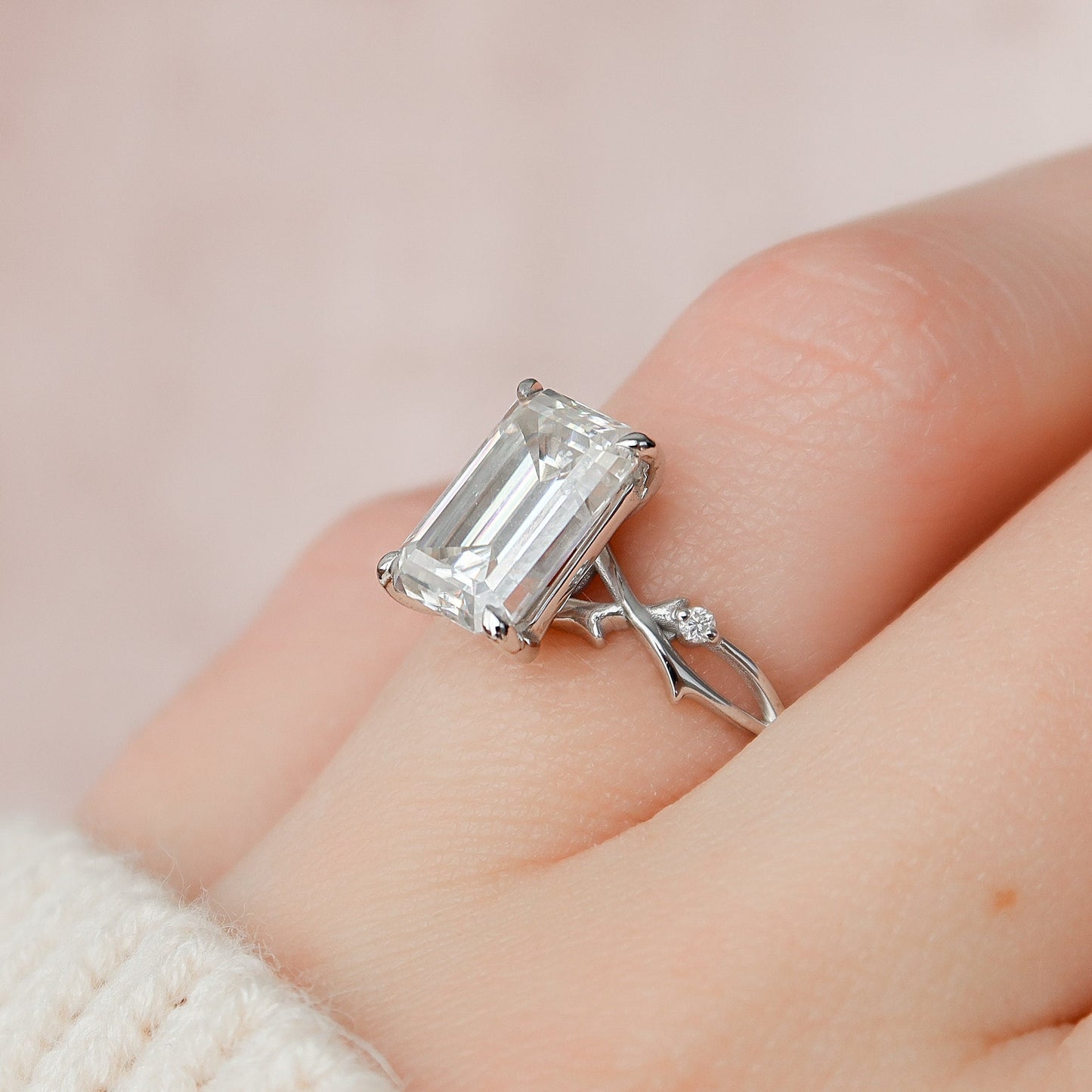 4 CT Emerald Twig Pave Moissanite Engagement Ring