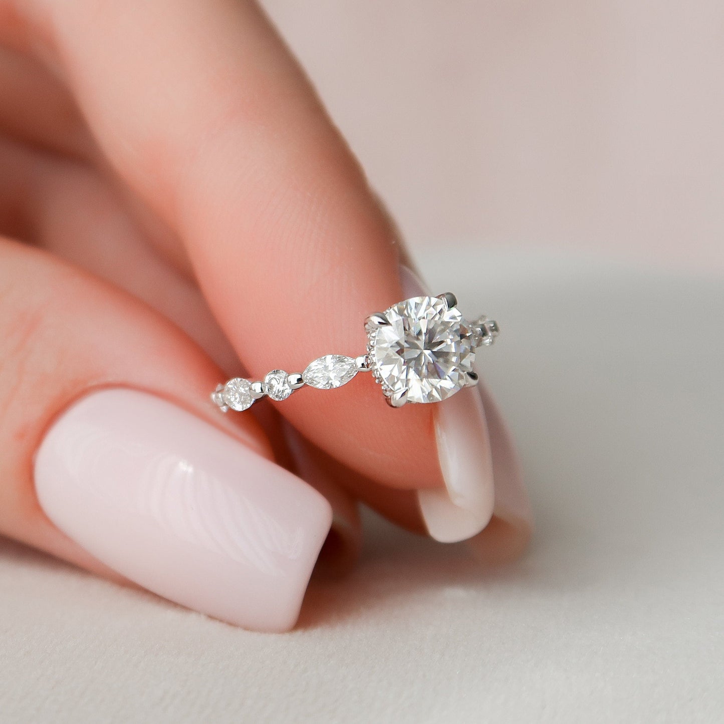 1 CT Round Hidden Halo Dainty Pave Moissanite Engagement Ring