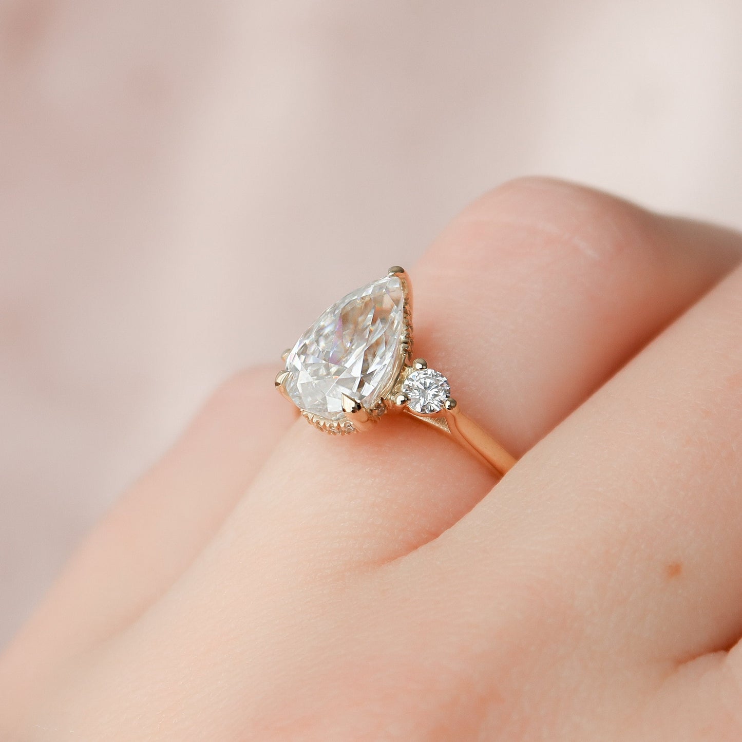 2 CT Pear Three Stone & Hidden Halo Moissanite Engagement Ring