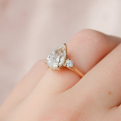 2 CT Pear Three Stone & Hidden Halo Moissanite Engagement Ring