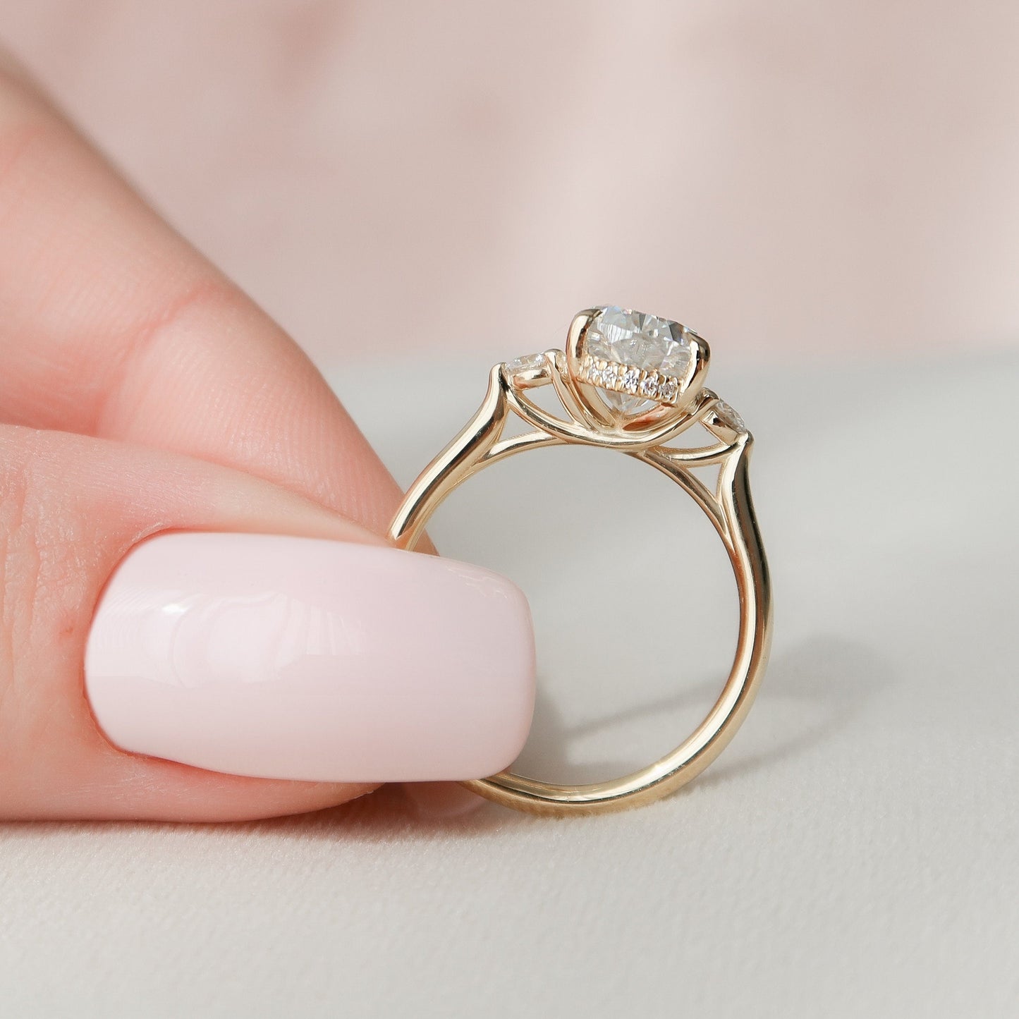 2 CT Pear Three Stone & Hidden Halo Moissanite Engagement Ring