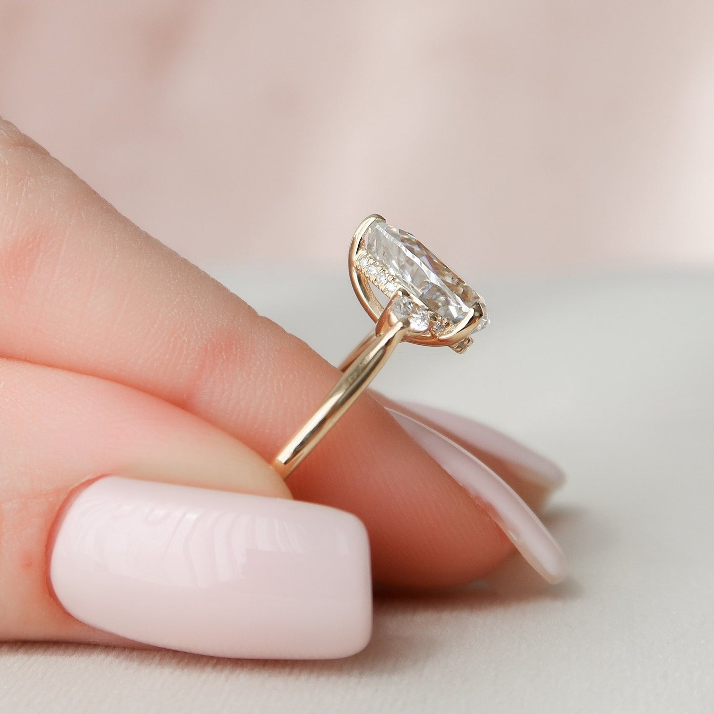 2 CT Pear Three Stone & Hidden Halo Moissanite Engagement Ring