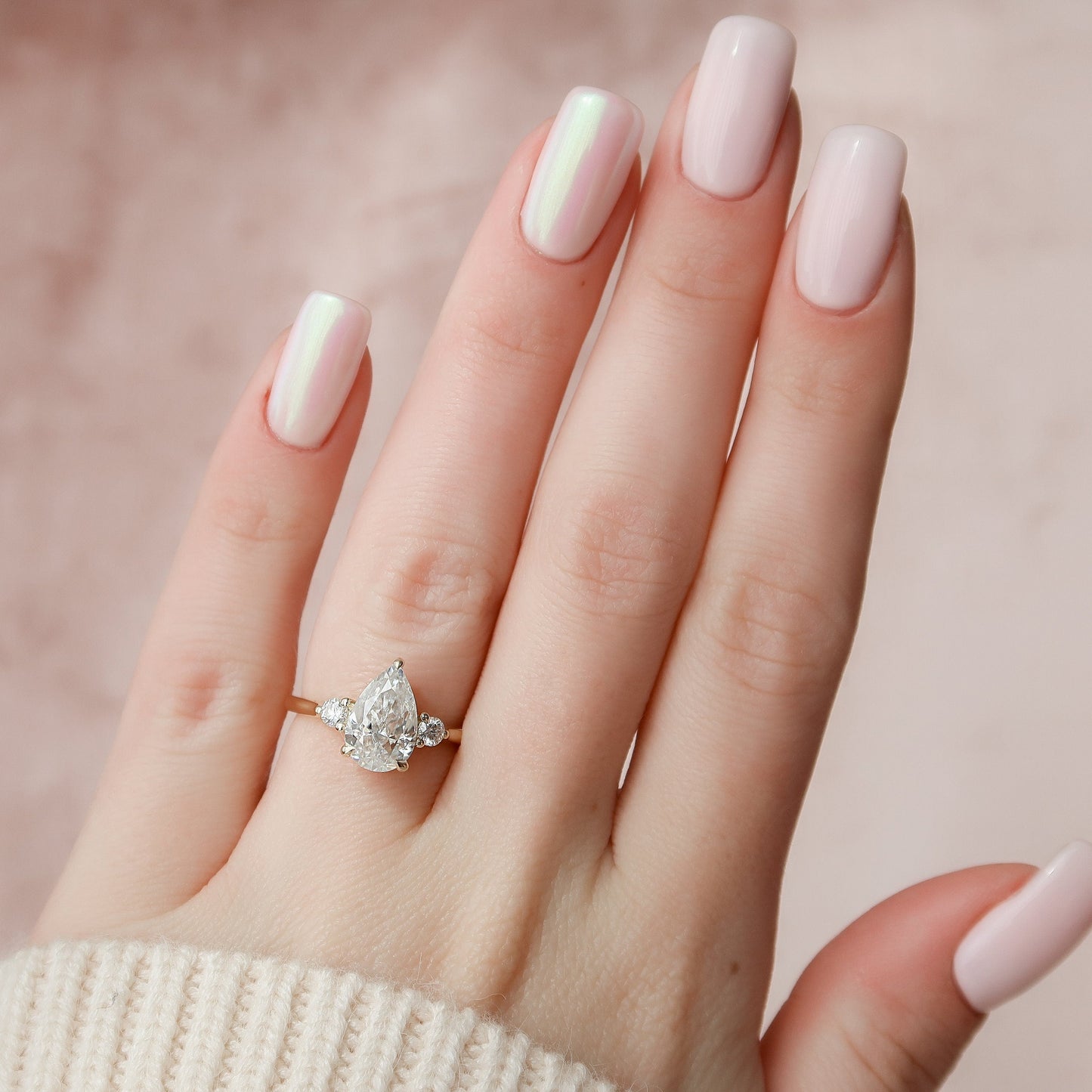 2 CT Pear Three Stone & Hidden Halo Moissanite Engagement Ring