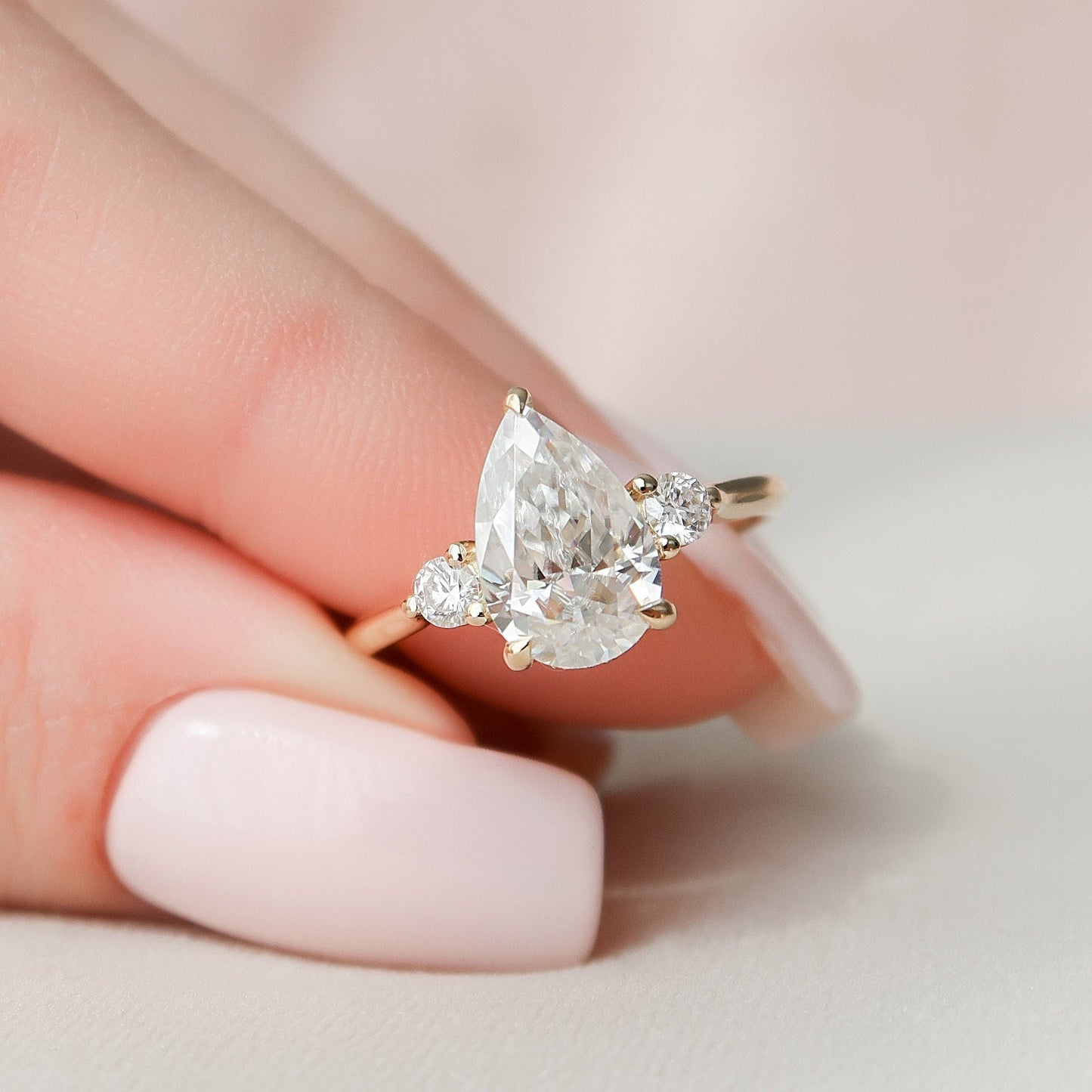 2 CT Pear Three Stone & Hidden Halo Moissanite Engagement Ring