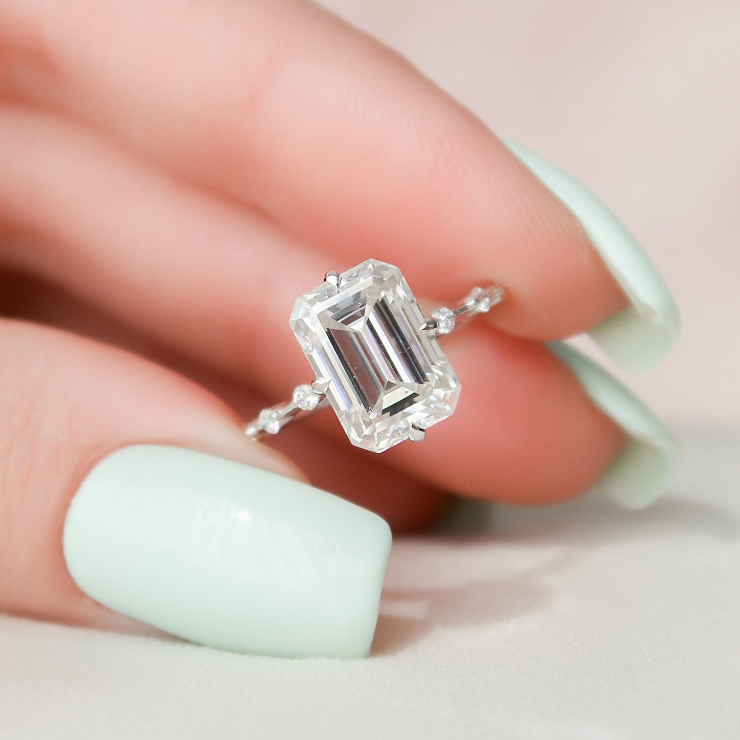 3 CT Emerald Dainty Pave Moissanite Engagement Ring