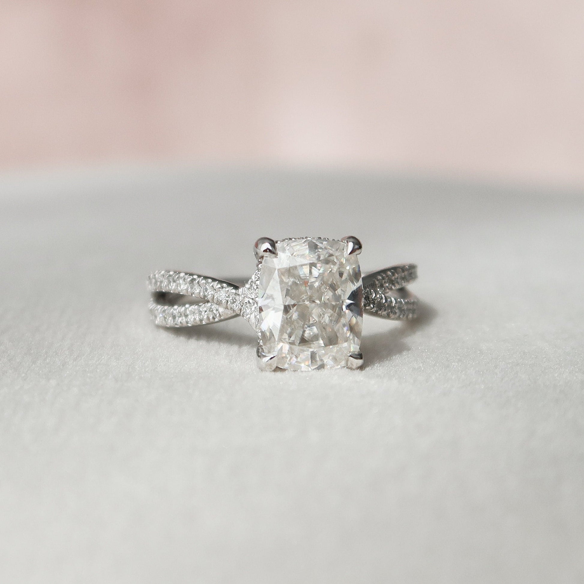 2 CT Elongated Cushion Hidden Halo & Criss Cross Pave Moissanite Engagement Ring