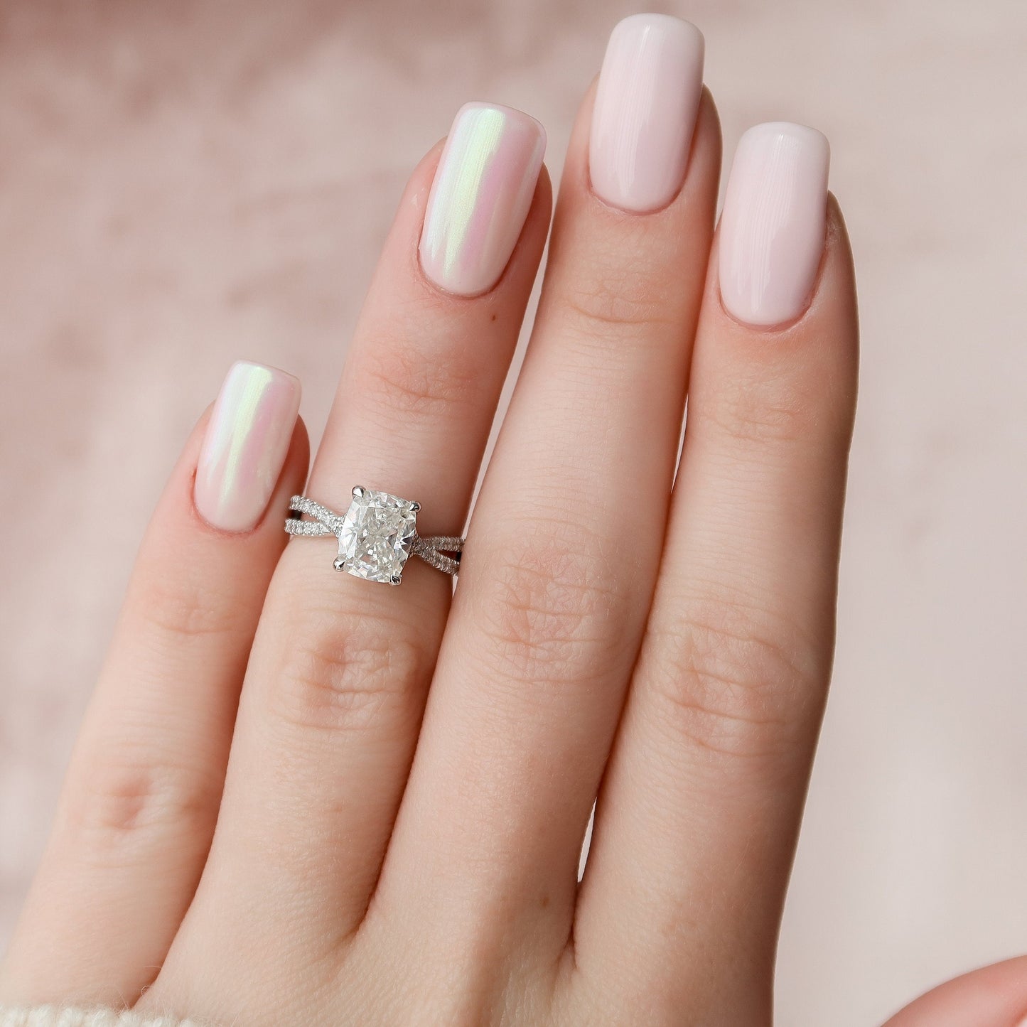 2 CT Elongated Cushion Hidden Halo & Criss Cross Pave Moissanite Engagement Ring