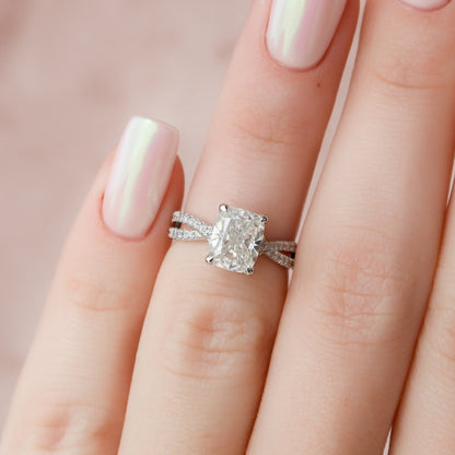 2 CT Elongated Cushion Hidden Halo & Criss Cross Pave Moissanite Engagement Ring