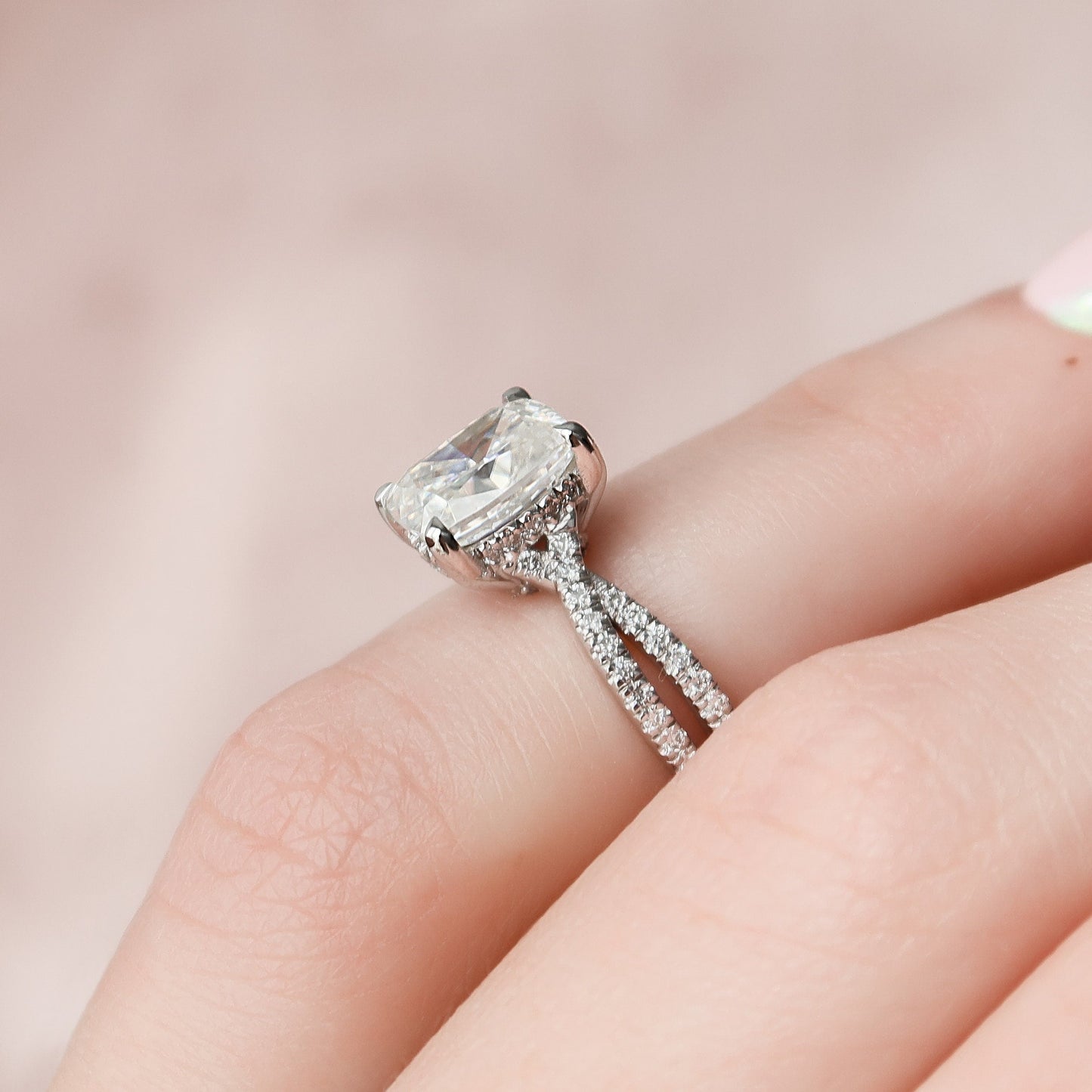 2 CT Elongated Cushion Hidden Halo & Criss Cross Pave Moissanite Engagement Ring
