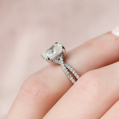 2 CT Elongated Cushion Hidden Halo & Criss Cross Pave Moissanite Engagement Ring