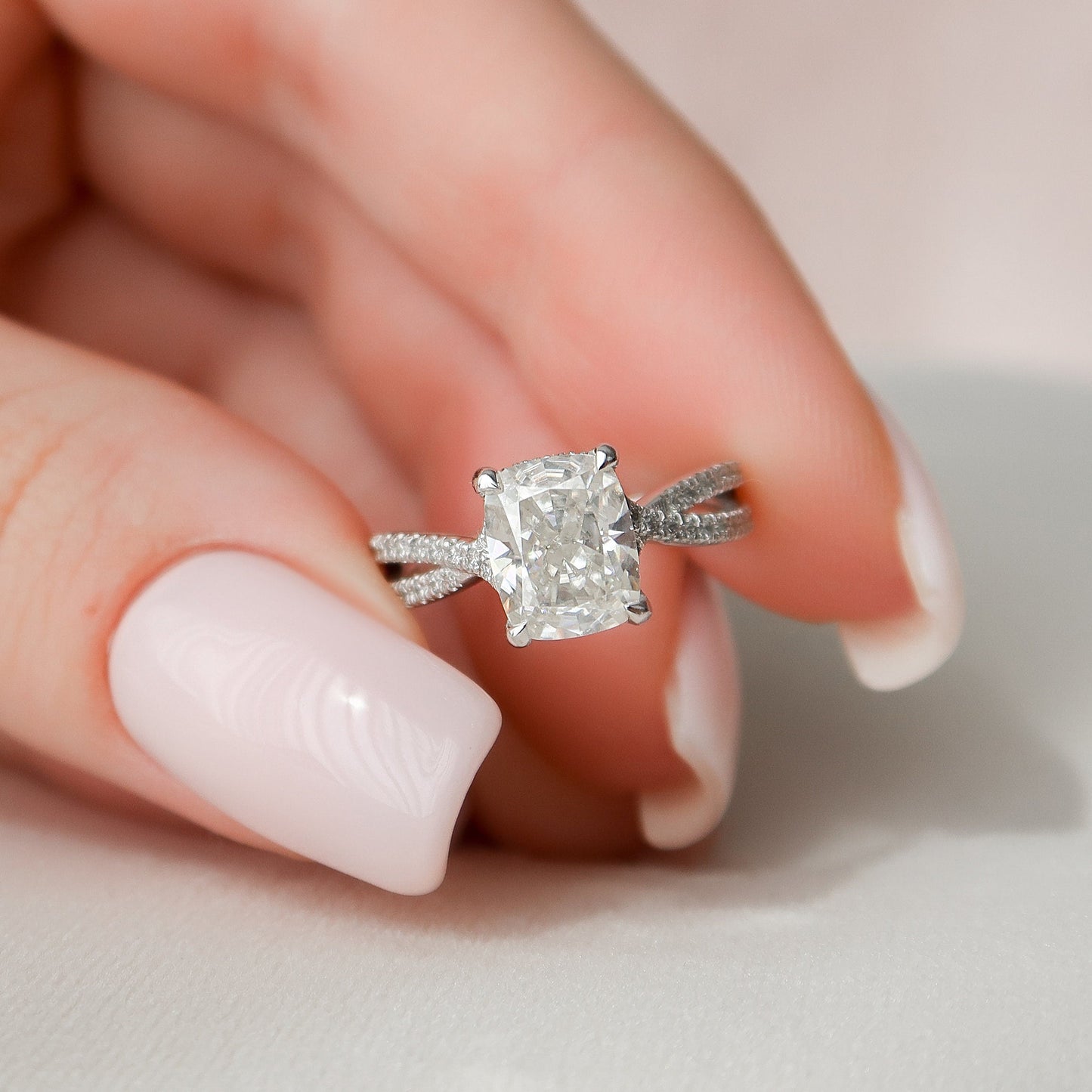 2 CT Elongated Cushion Hidden Halo & Criss Cross Pave Moissanite Engagement Ring
