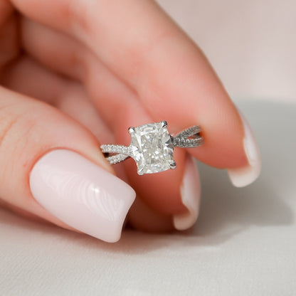 2 CT Elongated Cushion Hidden Halo & Criss Cross Pave Moissanite Engagement Ring