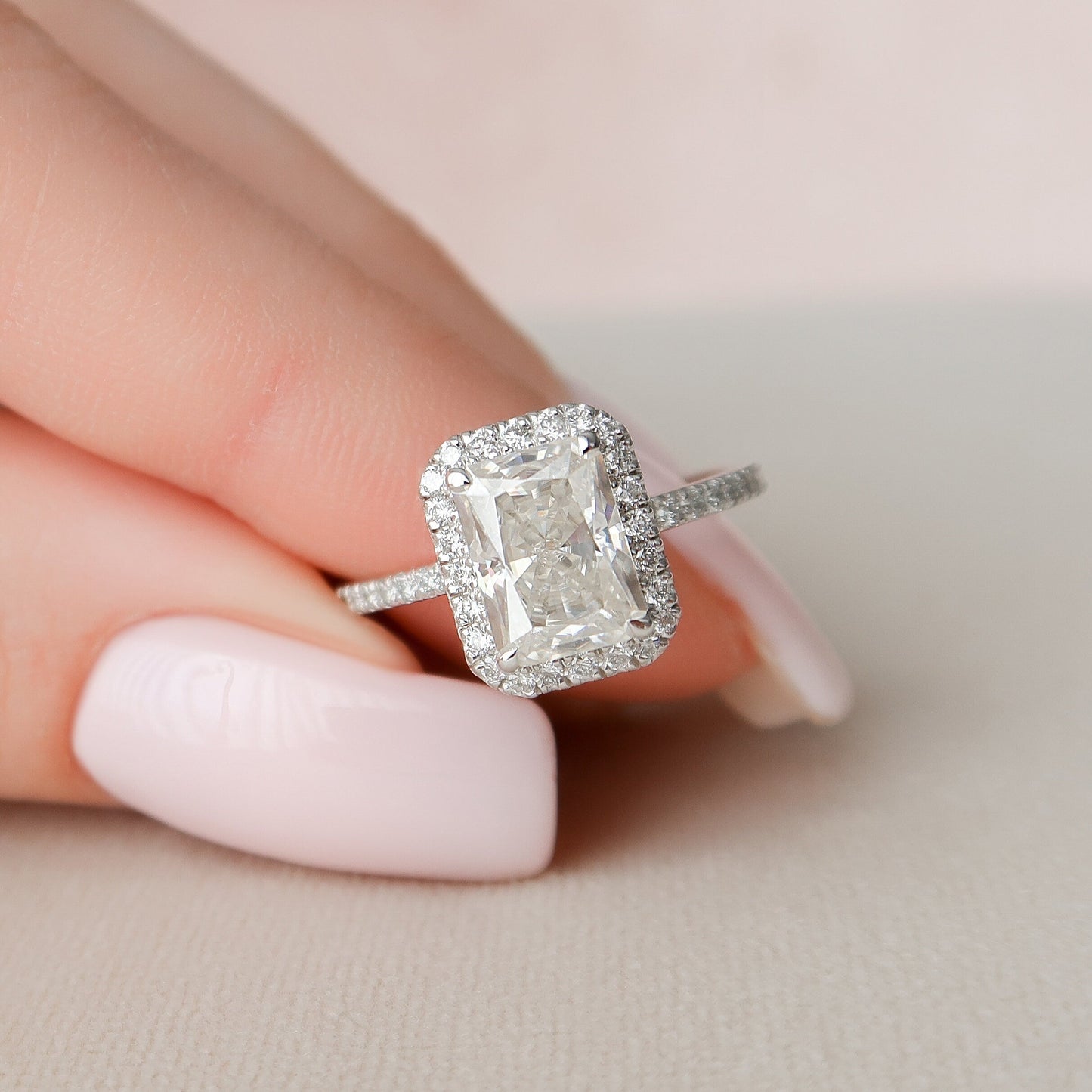 2 CT Radiant Hidden Halo & Pave Moissanite Engagement Ring
