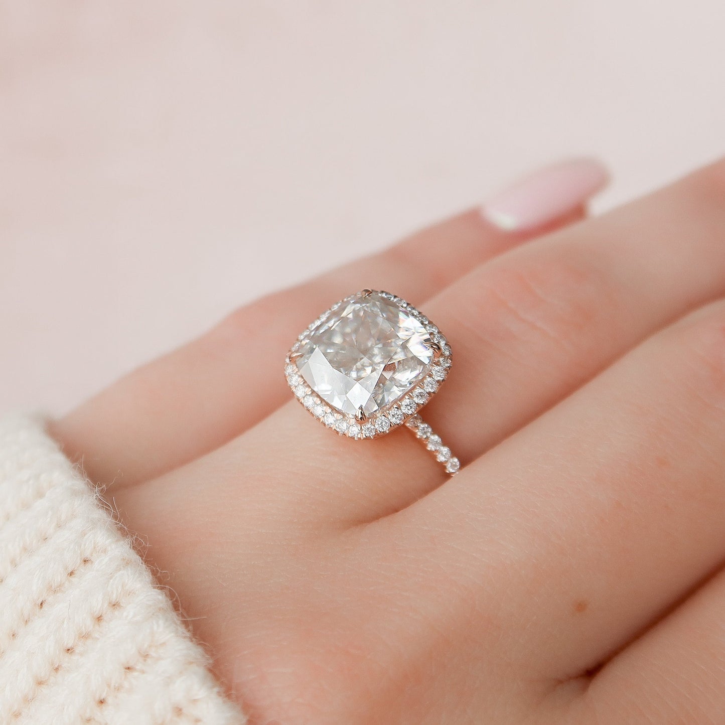 5 CT Cushion Halo & Pave Moissanite Engagement Ring