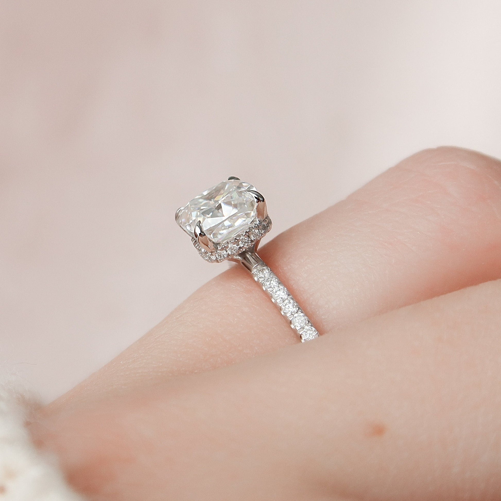 1.5 CT Cushion Hidden Halo & Pave Moissanite Engagement Ring
