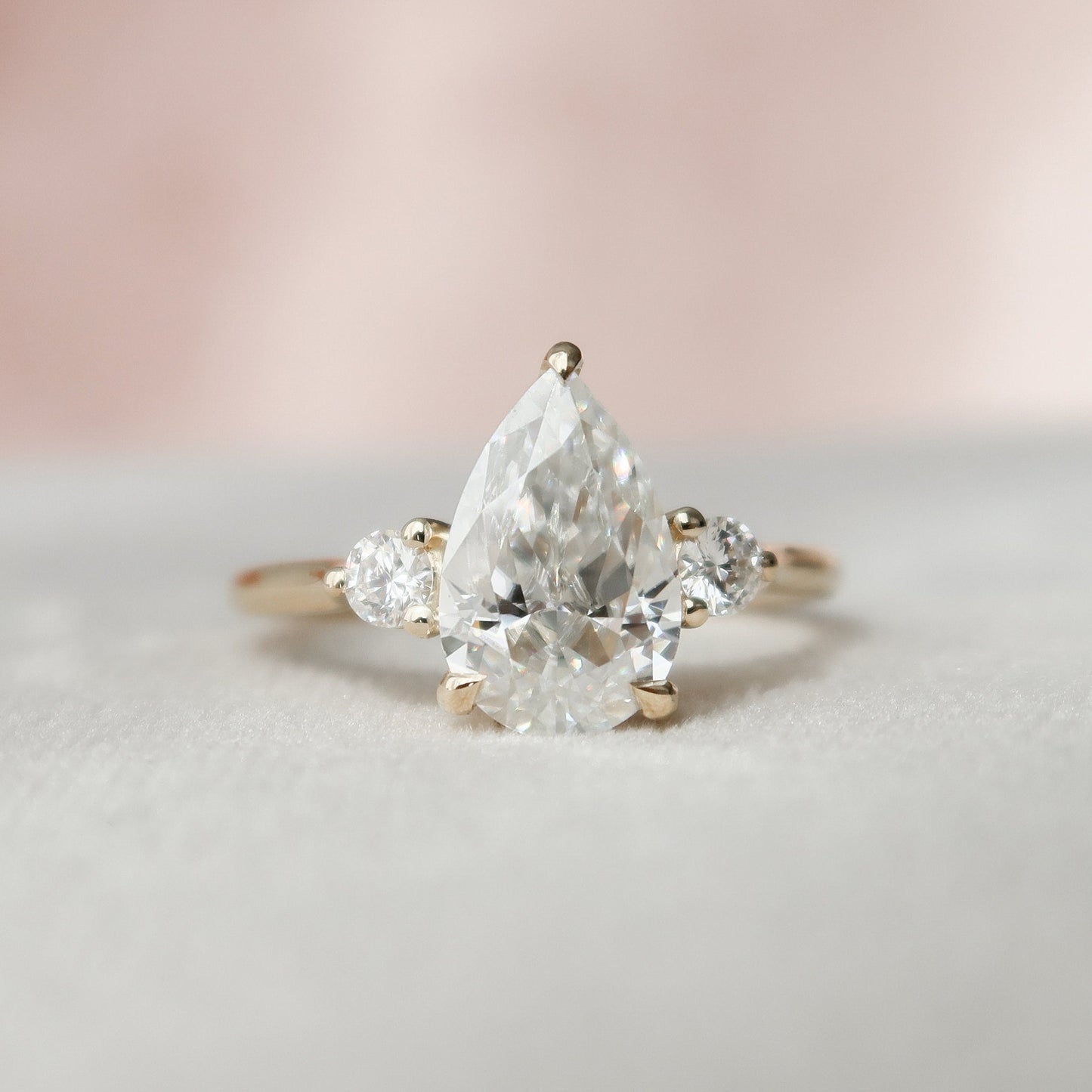 2 CT Pear Three Stone & Hidden Halo Moissanite Engagement Ring