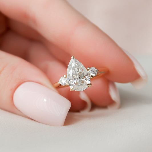 2 CT Pear Three Stone & Hidden Halo Moissanite Engagement Ring