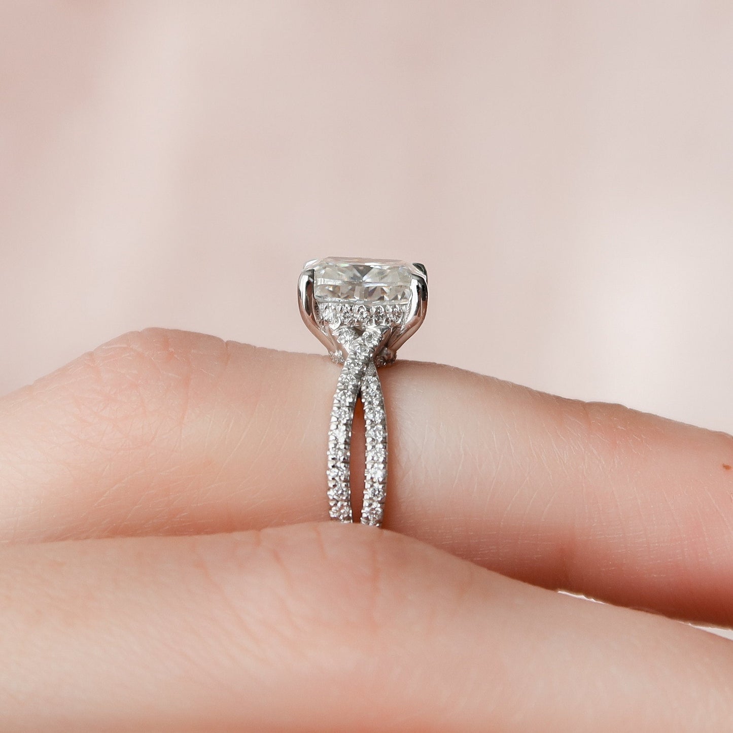 2 CT Elongated Cushion Hidden Halo & Criss Cross Pave Moissanite Engagement Ring
