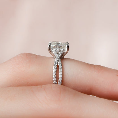 2 CT Elongated Cushion Hidden Halo & Criss Cross Pave Moissanite Engagement Ring