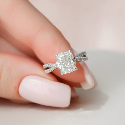 2 CT Elongated Cushion Hidden Halo & Criss Cross Pave Moissanite Engagement Ring