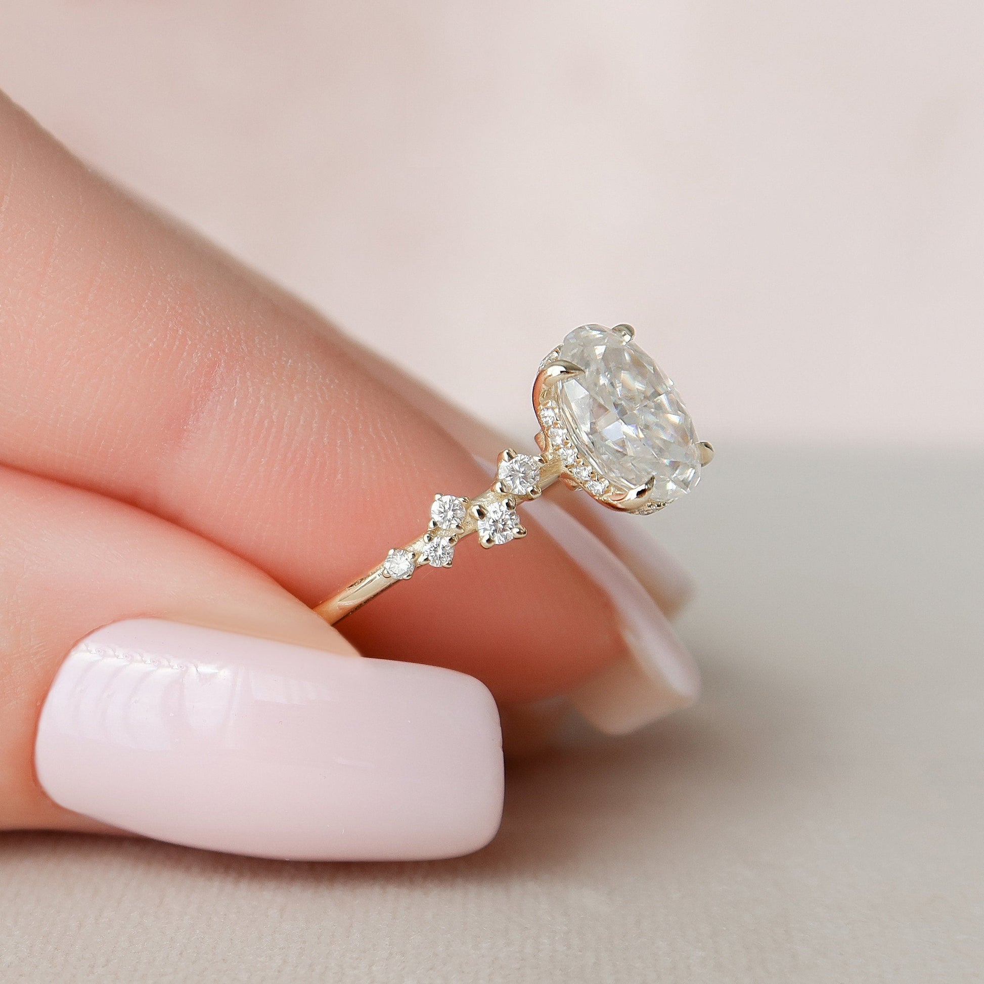 1.5 CT Oval Hidden Halo & Pave Moissanite Engagement Ring