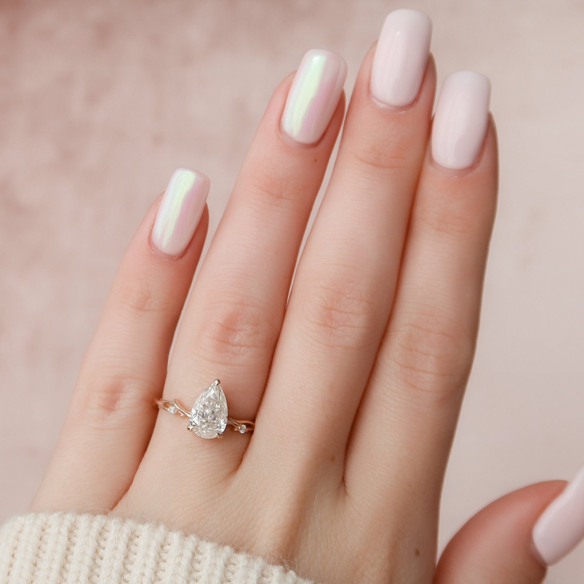 1.5 CT Pear Twig Pave Moissanite Engagement Ring