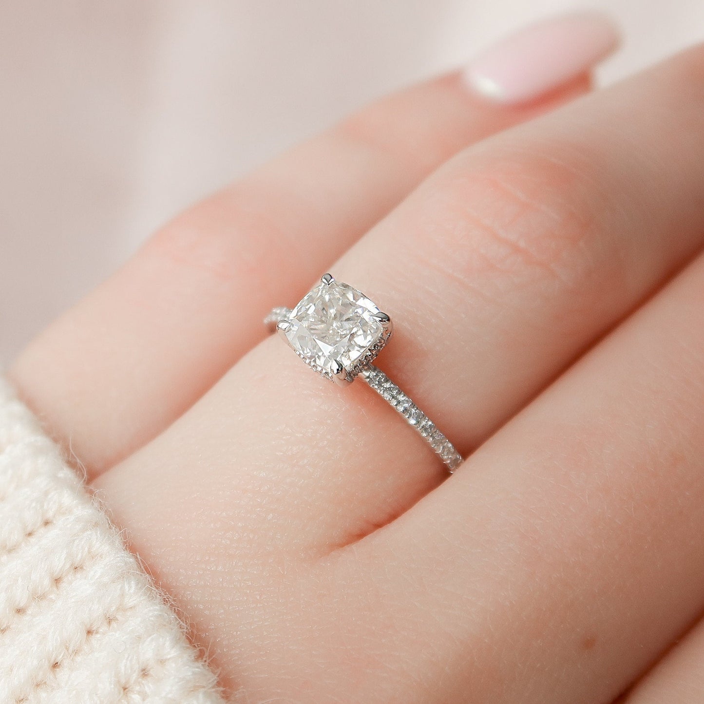 1 CT Cushion Hidden Halo & Pave Moissanite Engagement Ring