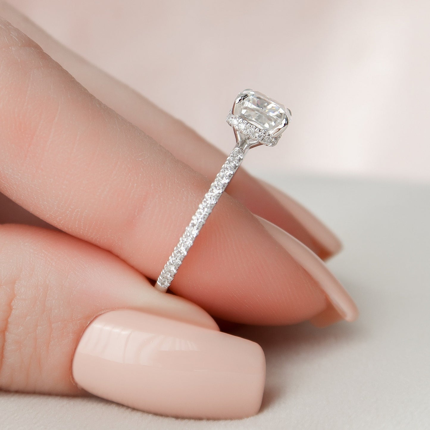 1.5 CT Cushion Hidden Halo & Pave Moissanite Engagement Ring