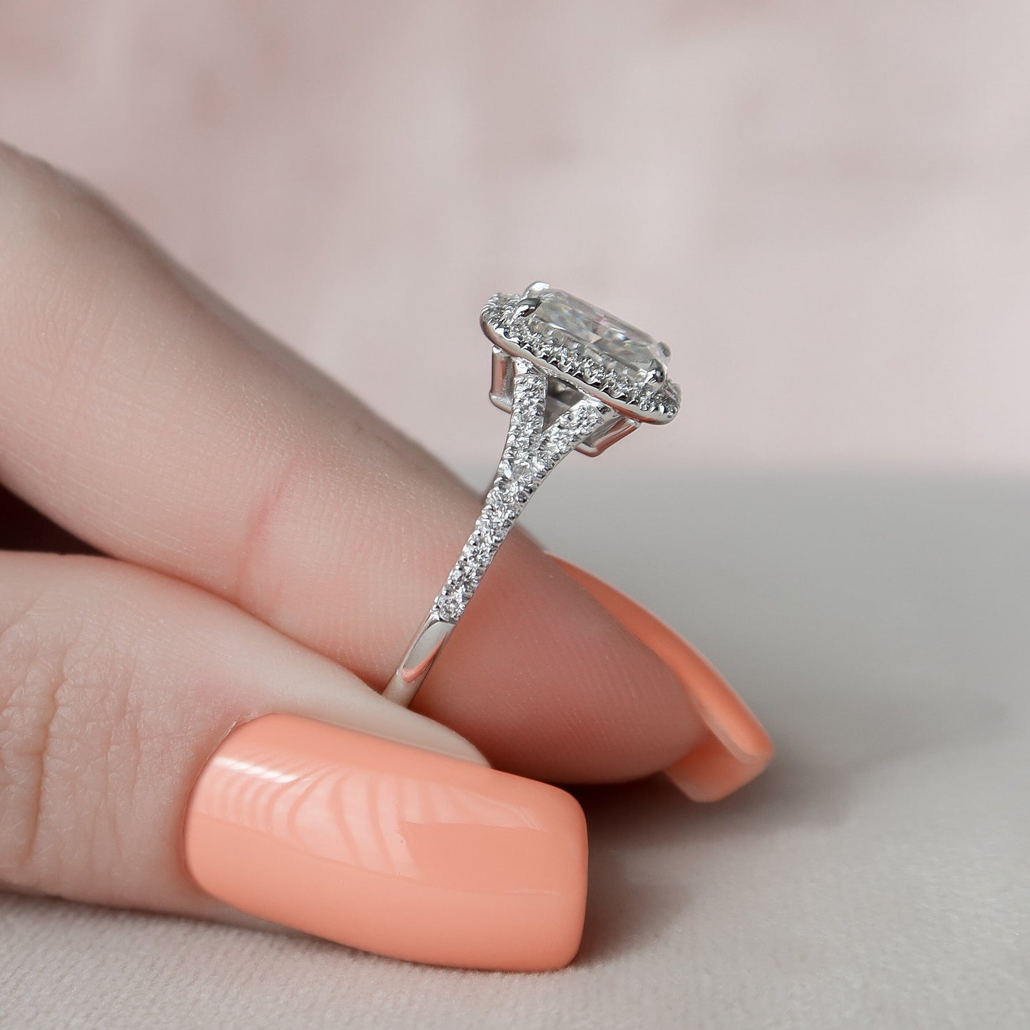 3.5 CT Elongated Cushion Halo & Pave Split Shank Moissanite Engagement Ring