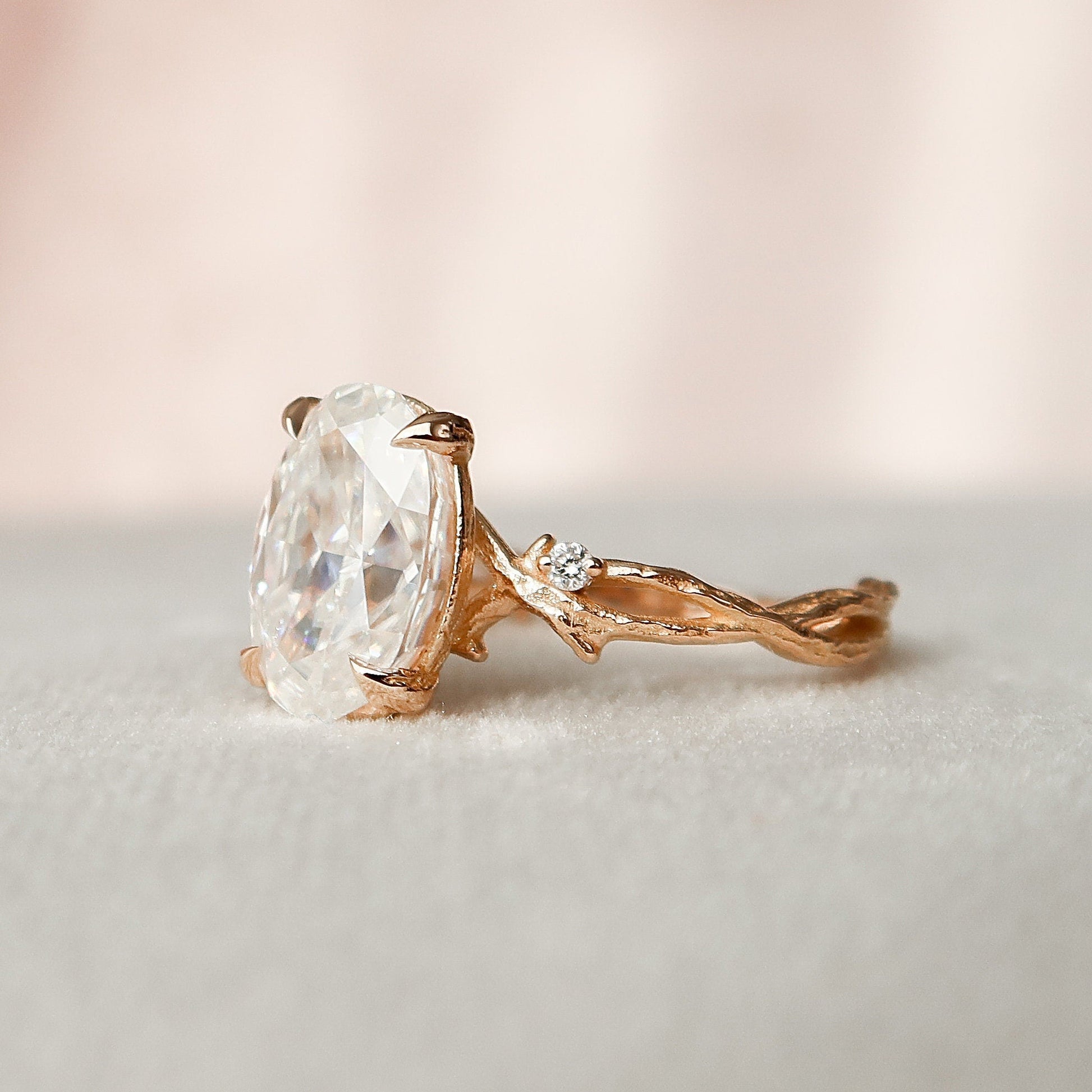 2 CT Oval Twig Pave Moissanite Engagement Ring