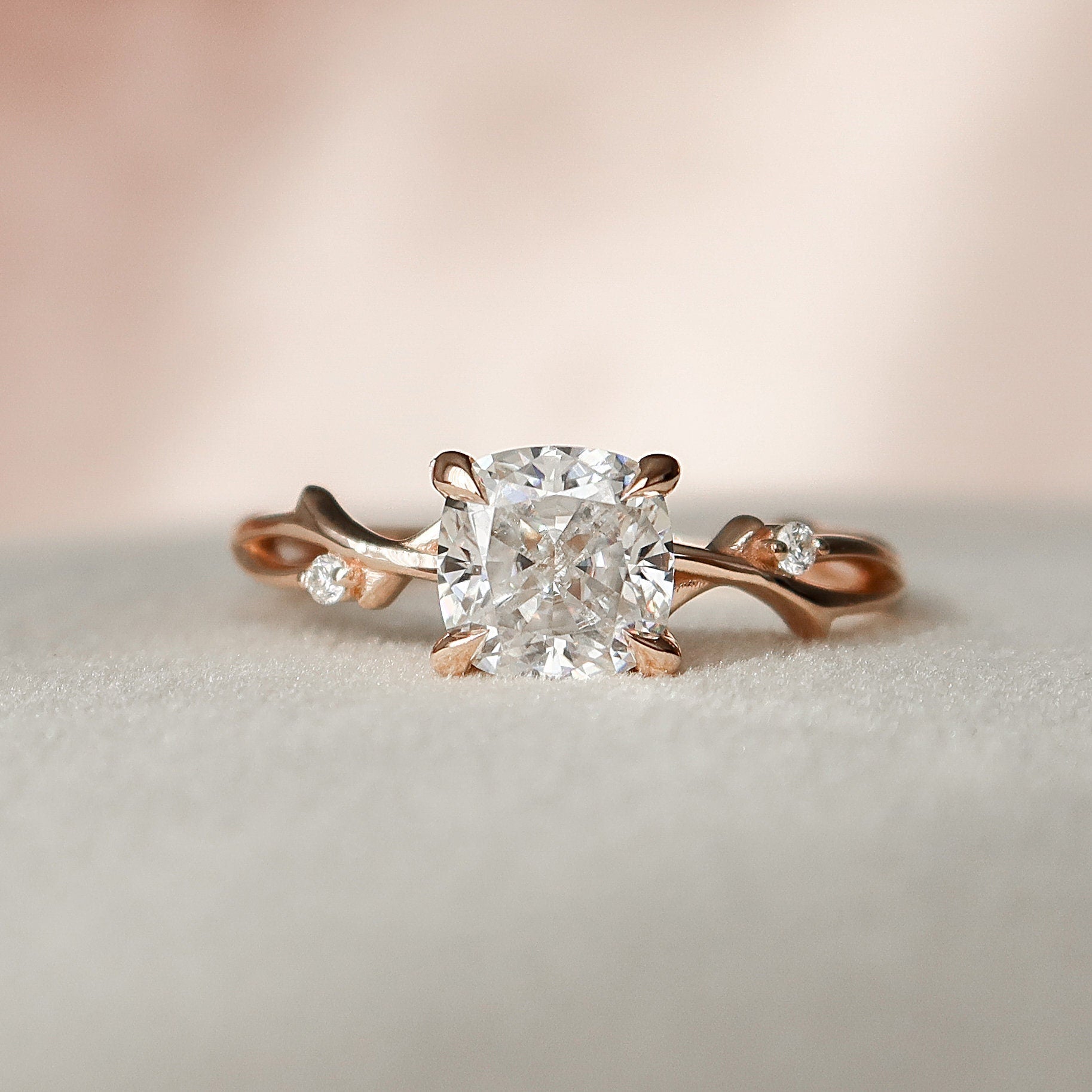 1.5 CT Cushion Twig Pave Moissanite Engagement Ring