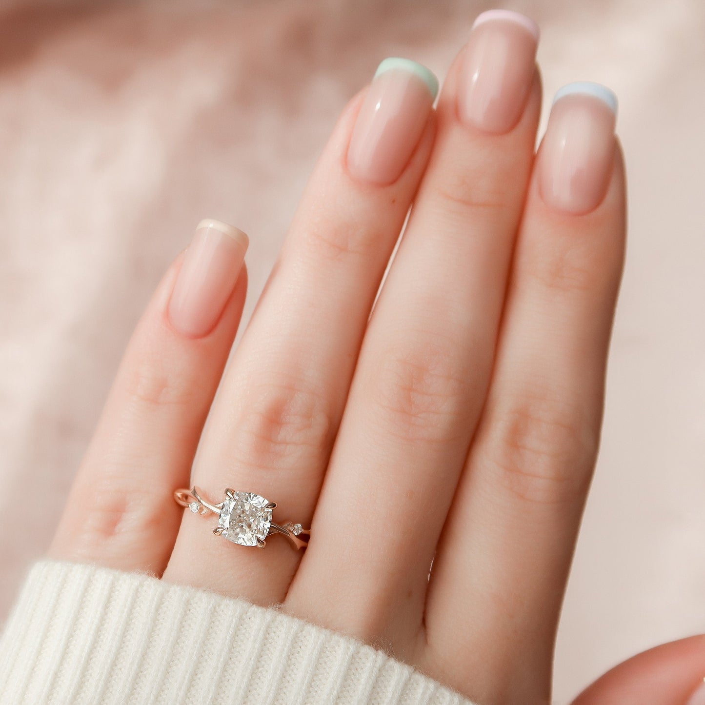 1.5 CT Cushion Twig Pave Moissanite Engagement Ring