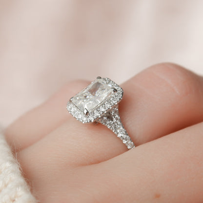 3.5 CT Elongated Cushion Halo & Pave Split Shank Moissanite Engagement Ring