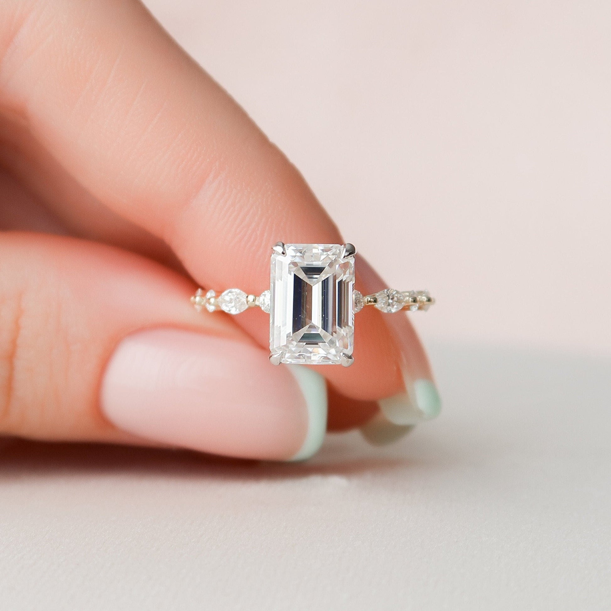 3 CT Emerald Hidden Halo & Dainty Pave Moissanite Engagement Ring