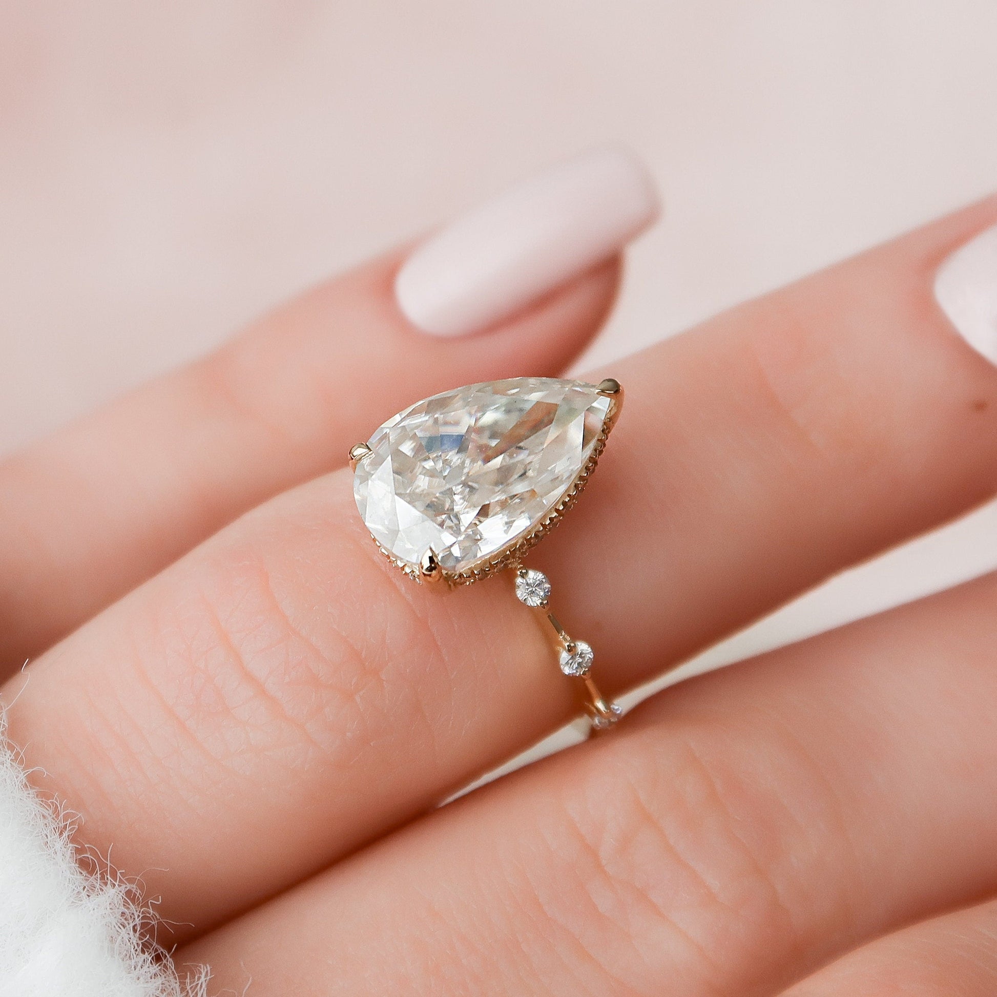 3.5 CT Pear Hidden Halo & Dainty Pave Moissanite Engagement Ring