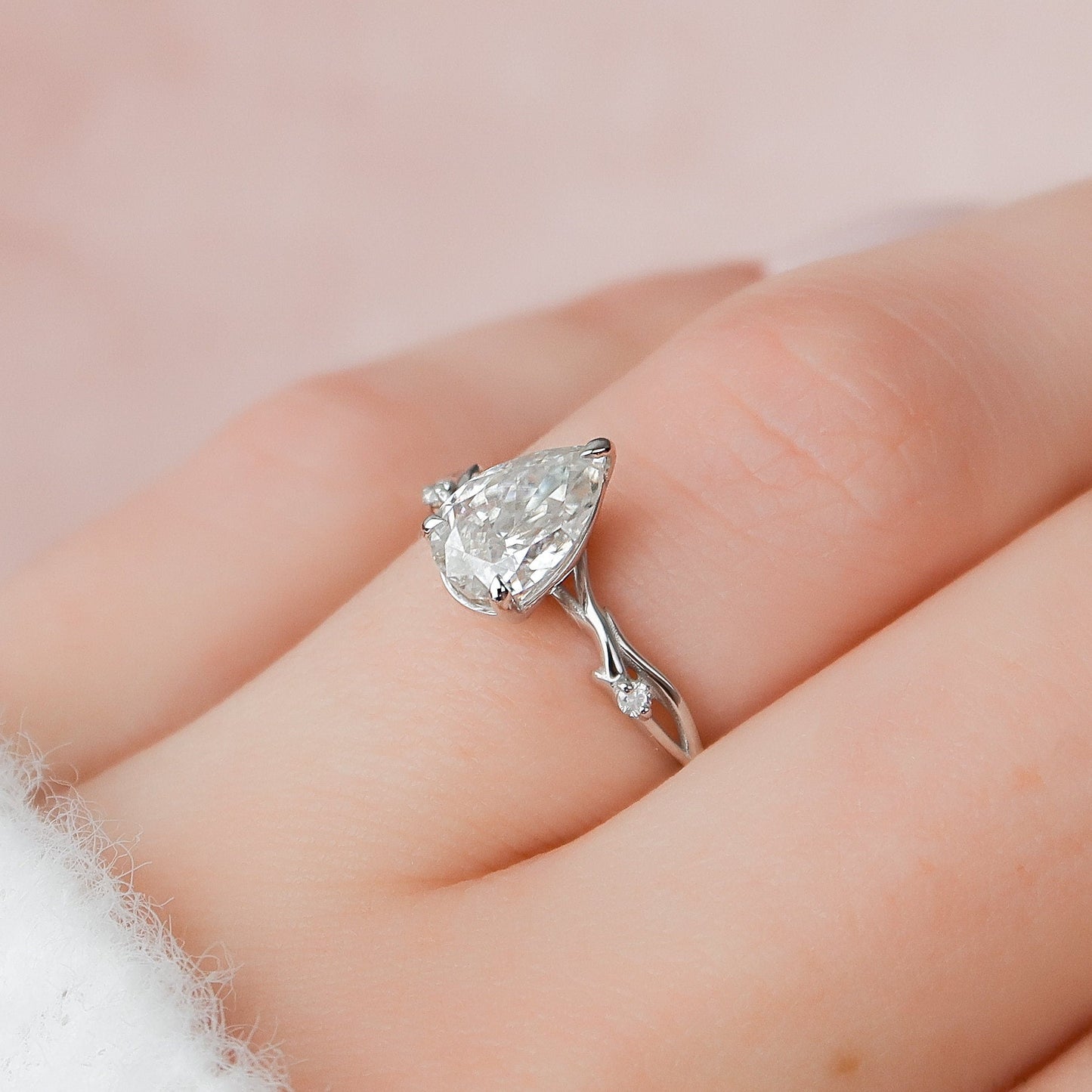 1 CT Pear Twig Pave Moissanite Engagement Ring