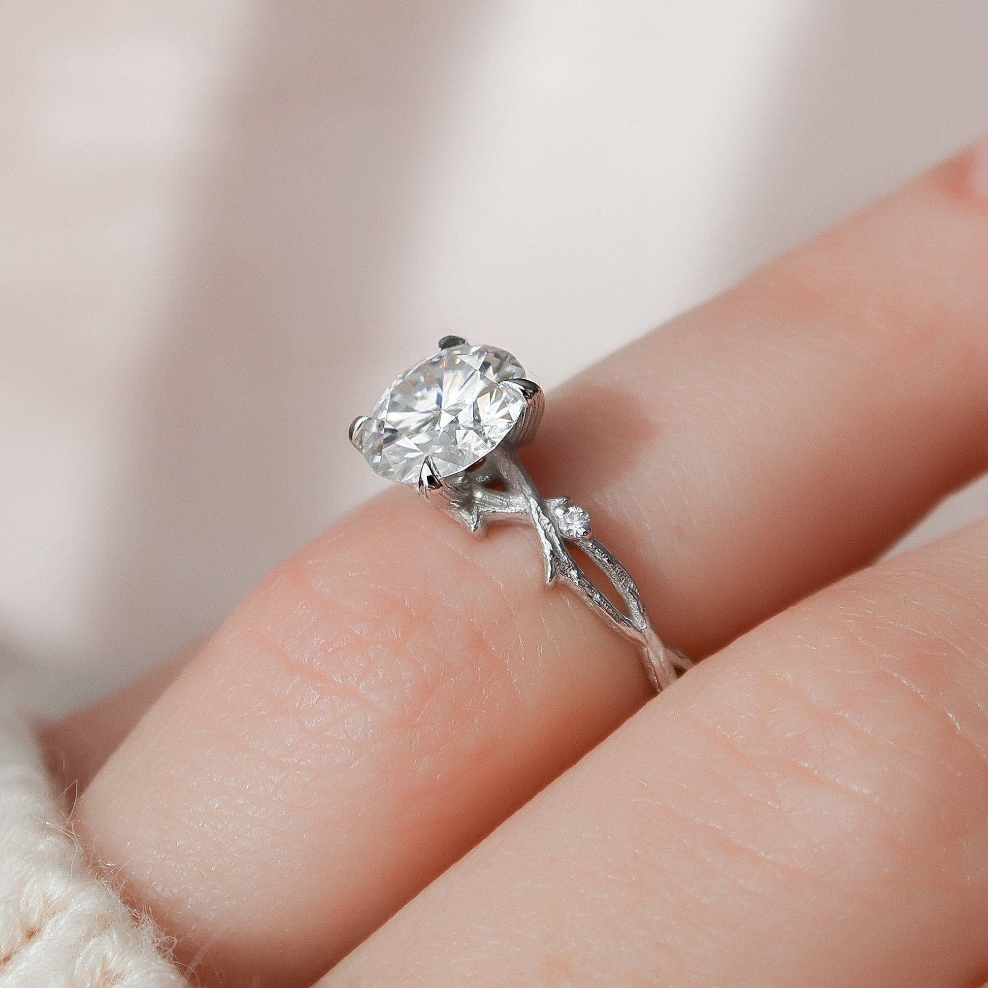 2 CT Round Twig Pave Moissanite Engagement Ring