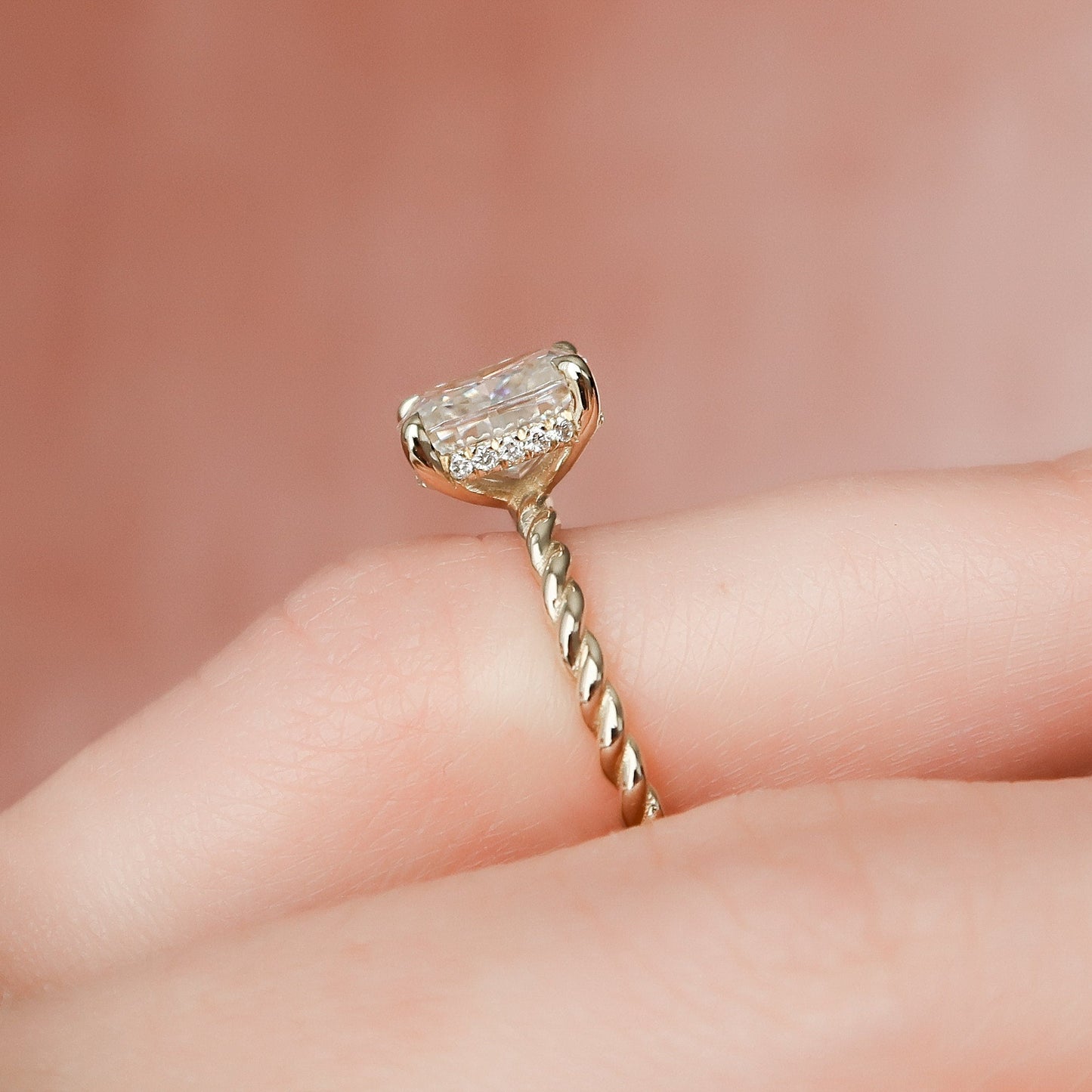 2 CT Elongated Cushion Hidden Halo Moissanite Engagement Ring