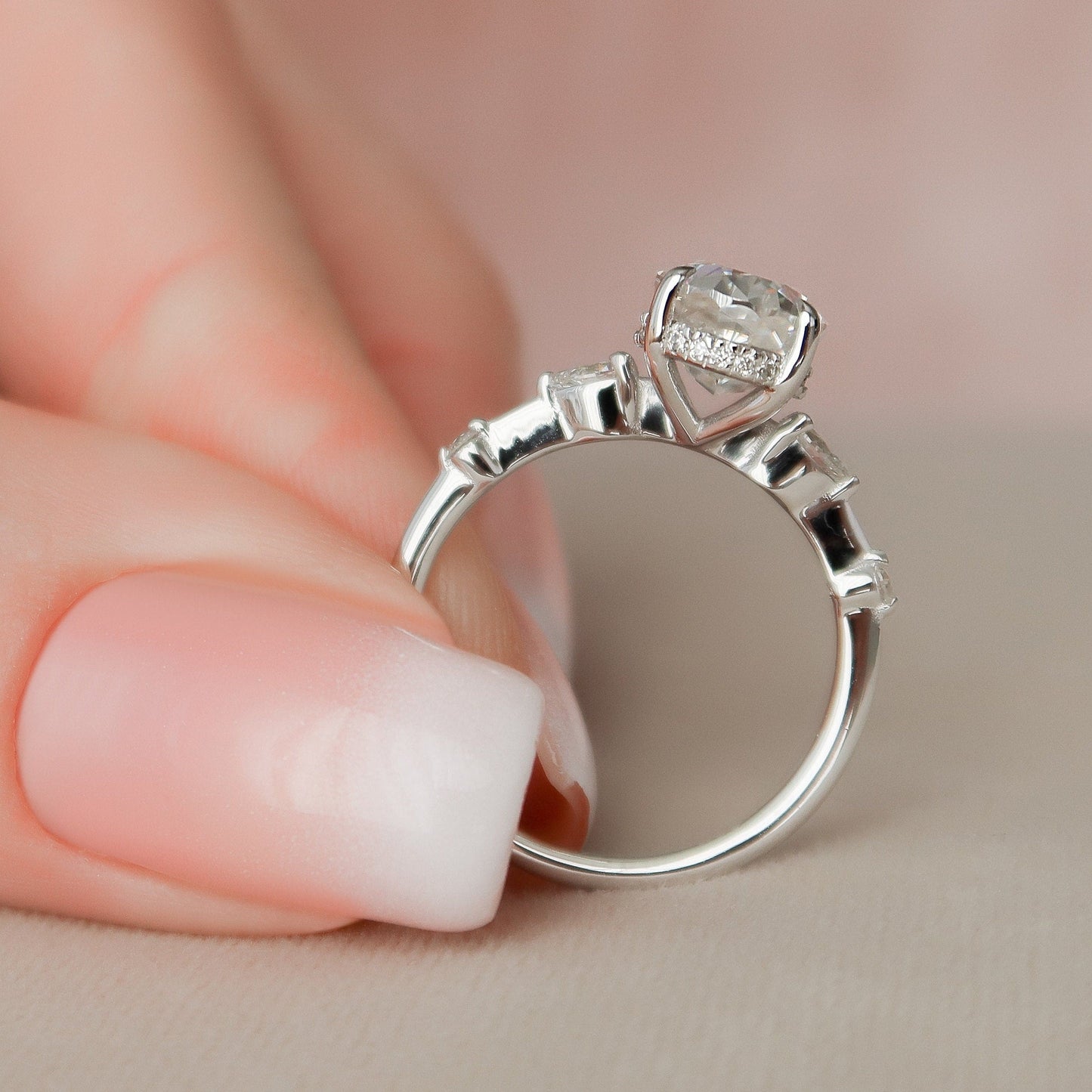 2 CT Oval Hidden Halo & Dainty Pave Moissanite Engagement Ring
