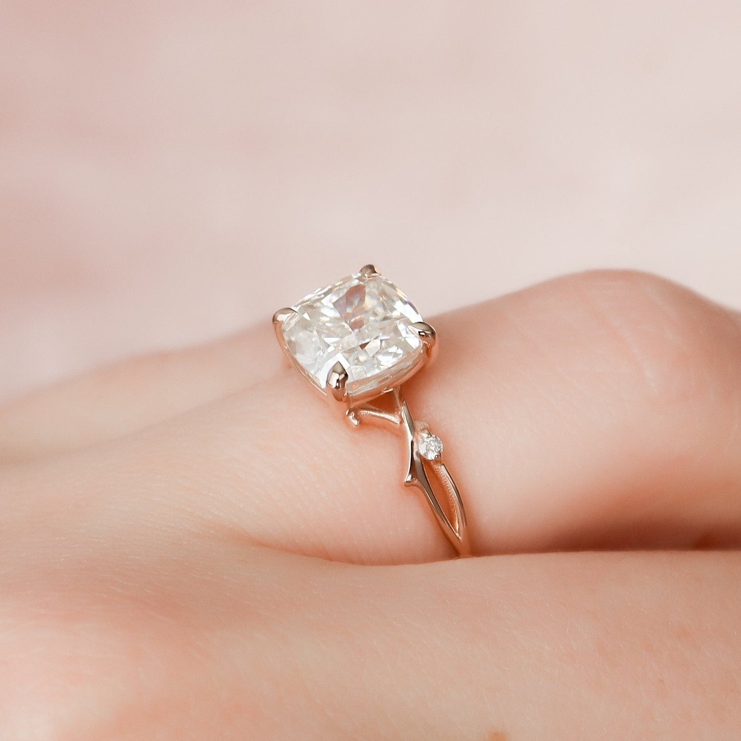 2 CT Cushion Twig Pave Moissanite Engagement Ring