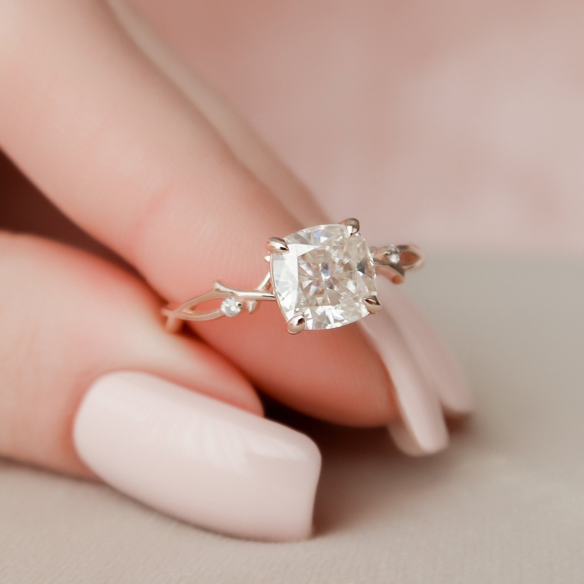 2 CT Cushion Twig Pave Moissanite Engagement Ring
