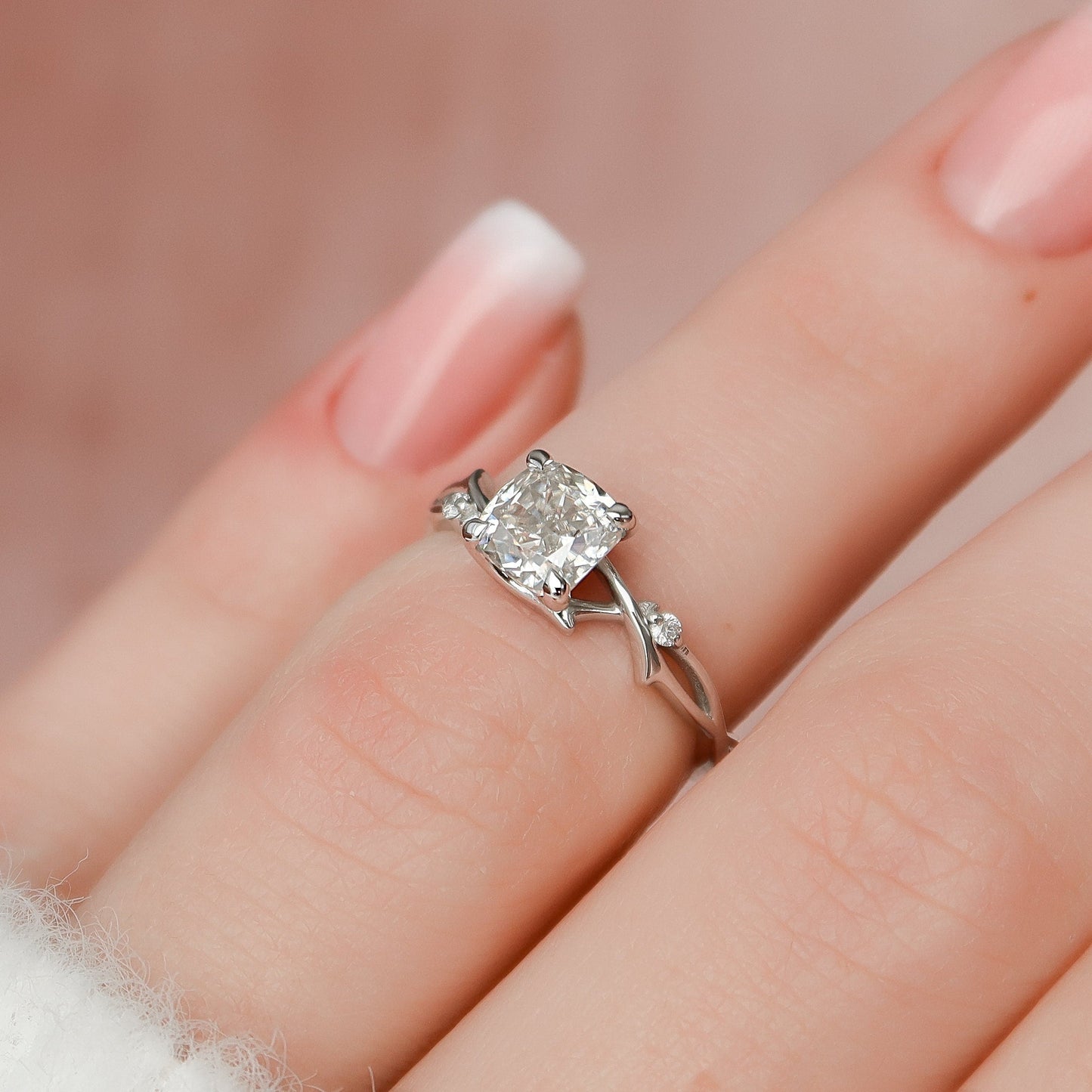 1 CT Cushion Twig Pave Moissanite Engagement Ring