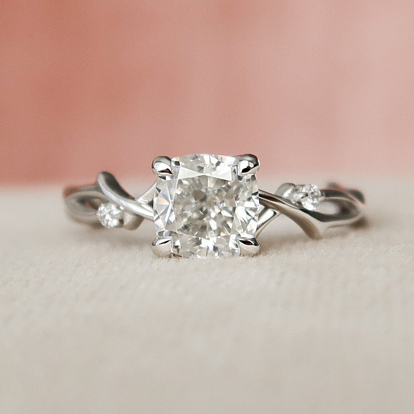 1 CT Cushion Twig Pave Moissanite Engagement Ring