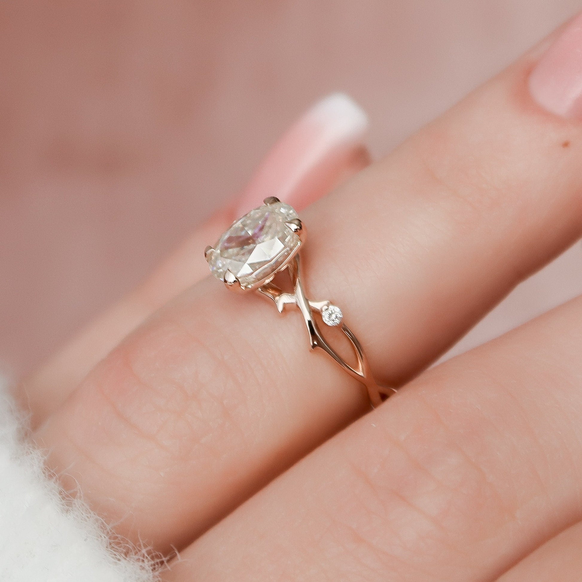 1 CT Oval Twig Pave Moissanite Engagement Ring