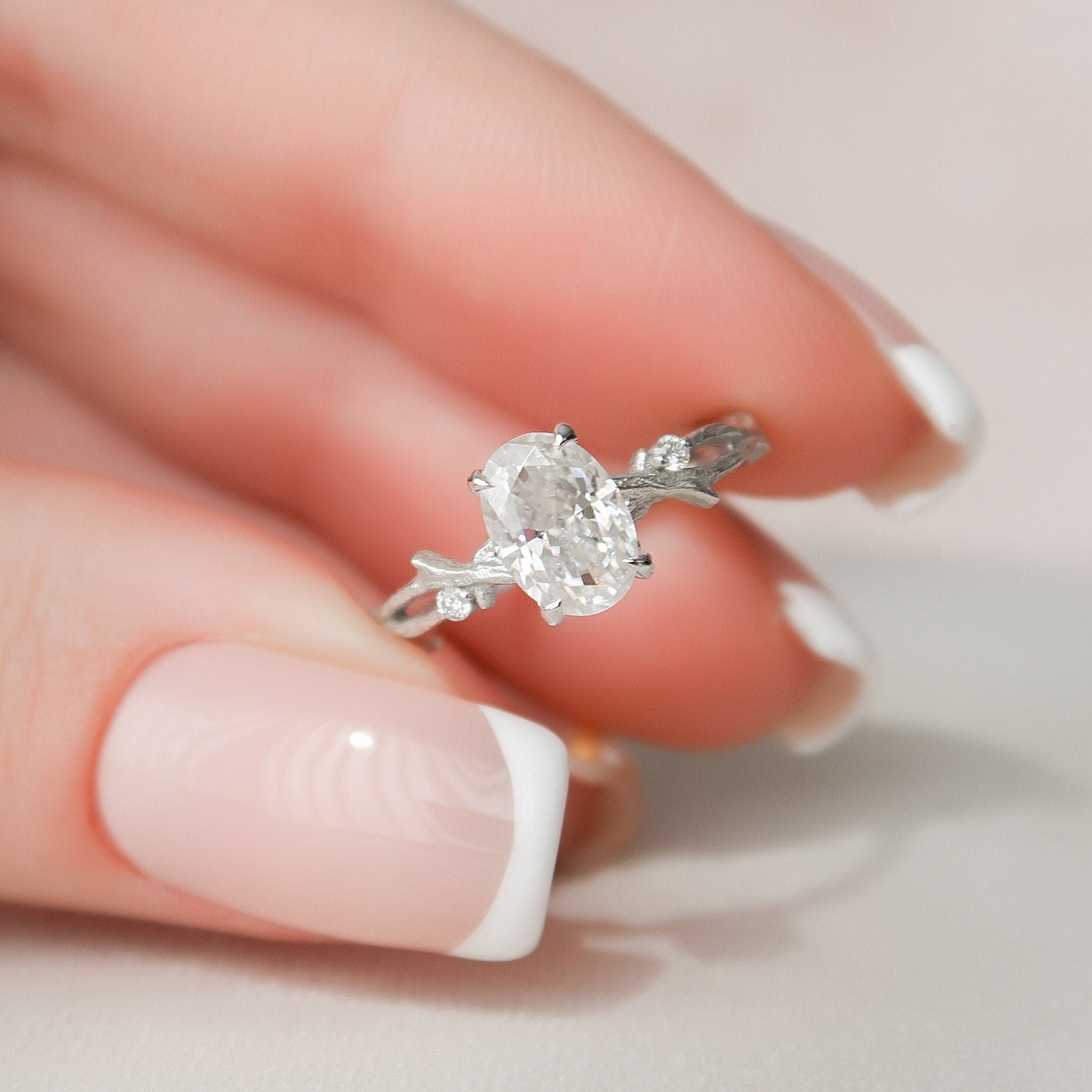 1 CT Oval Twig Pave Moissanite Engagement Ring