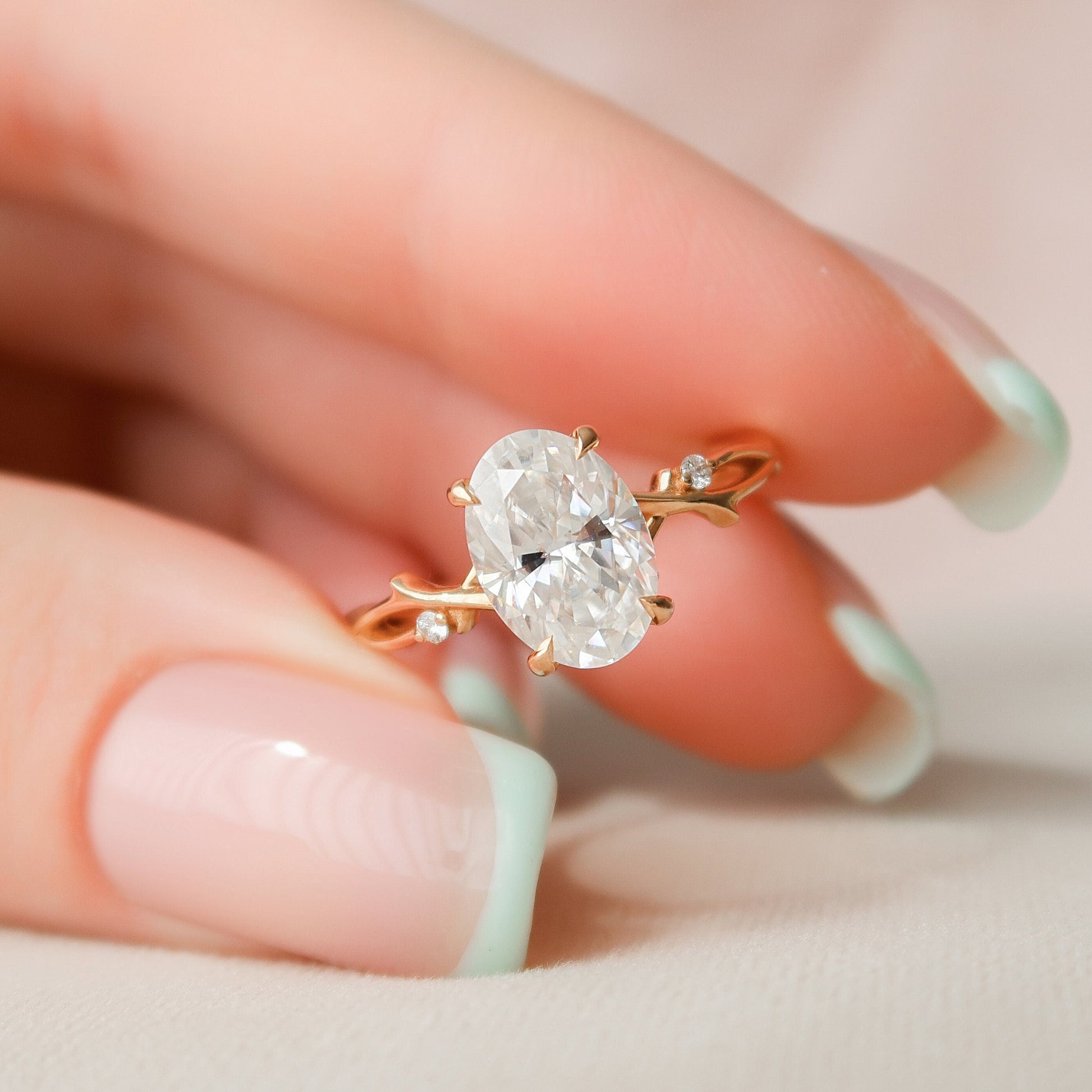 2 CT Oval Twig Pave Moissanite Engagement Ring