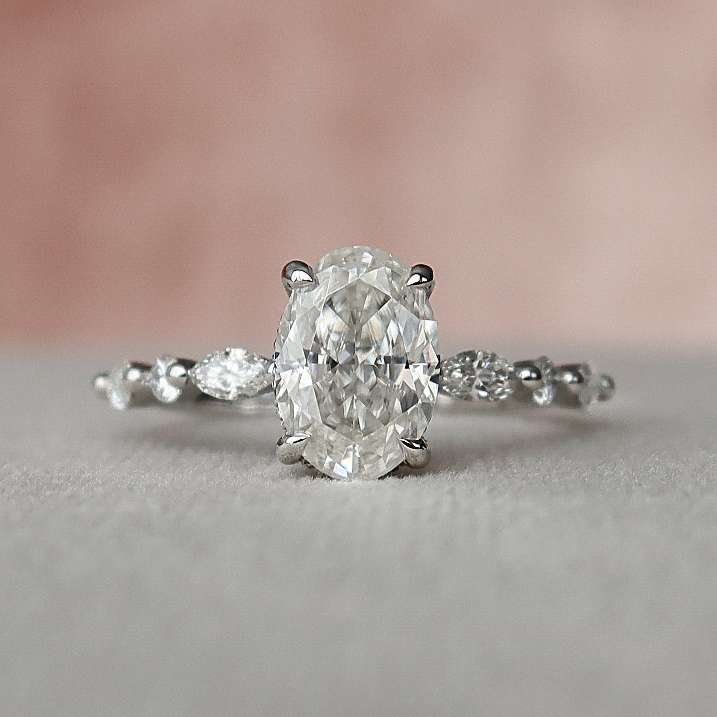 1.5 CT Oval Hidden Halo & Dainty Pave Moissanite Engagement Ring