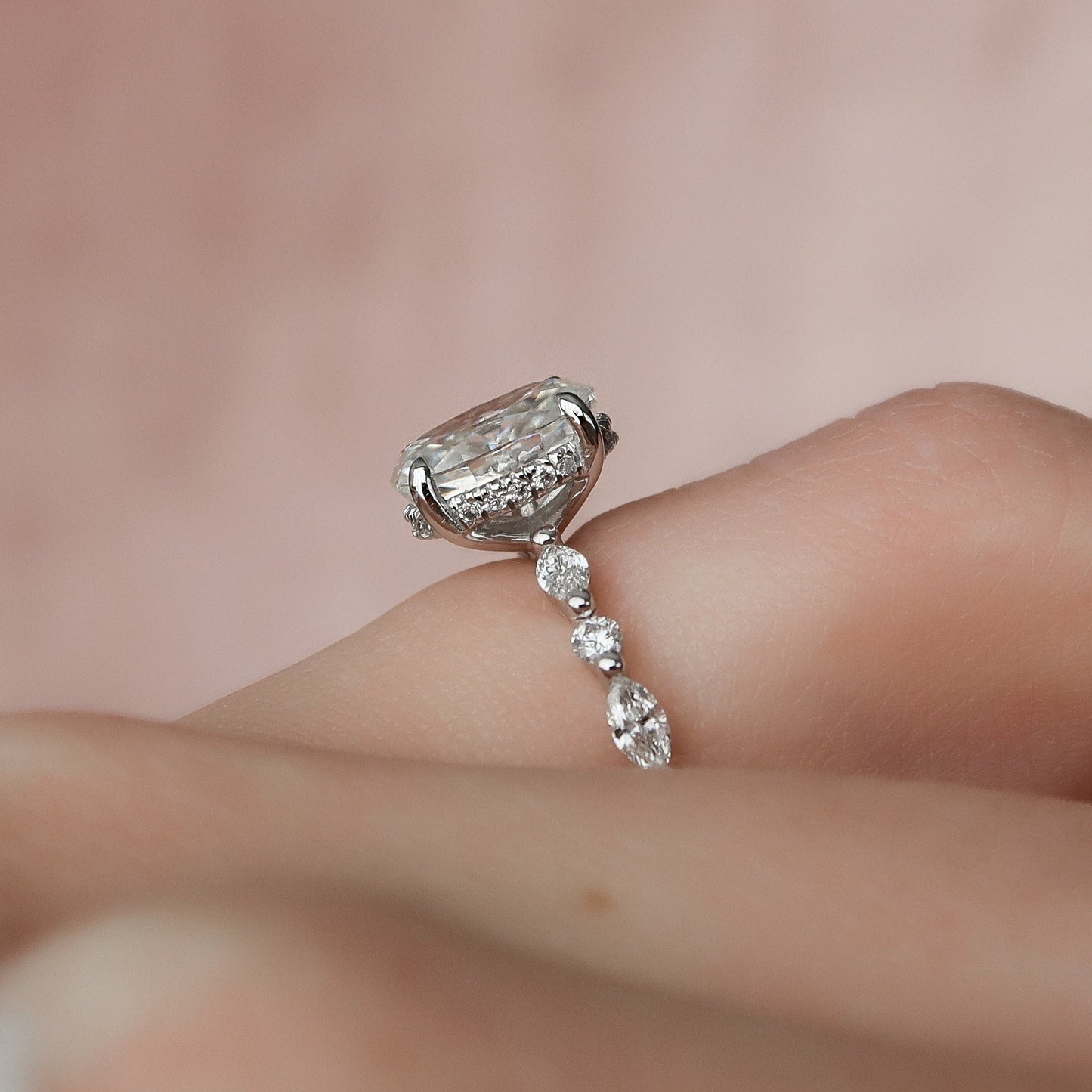 1.5 CT Oval Hidden Halo & Dainty Pave Moissanite Engagement Ring